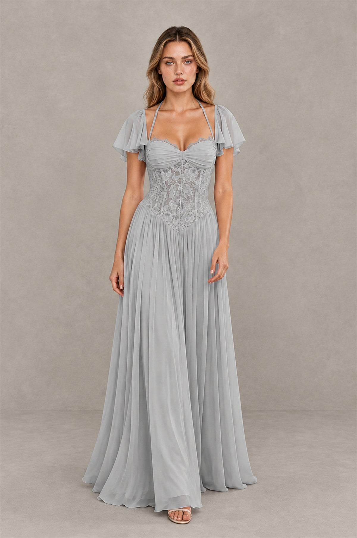 BOLODOO Silver Flutter Sleeve Lace Corset A-Line Maxi Dress - Silver - Silver (3)