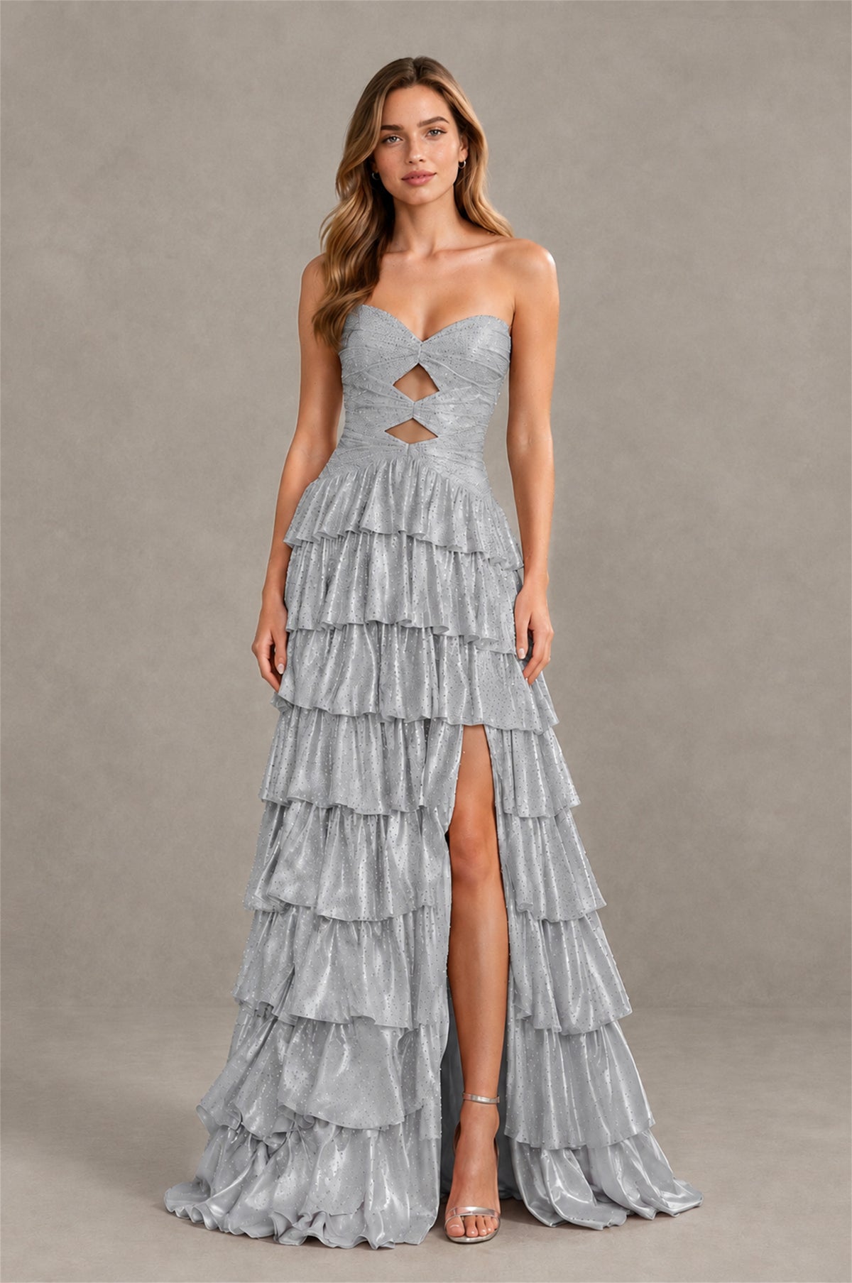 BOLODOO Silver Strapless Cutout Tiered Ruffle Prom Dress with High Slit - Silver - Silver (3)