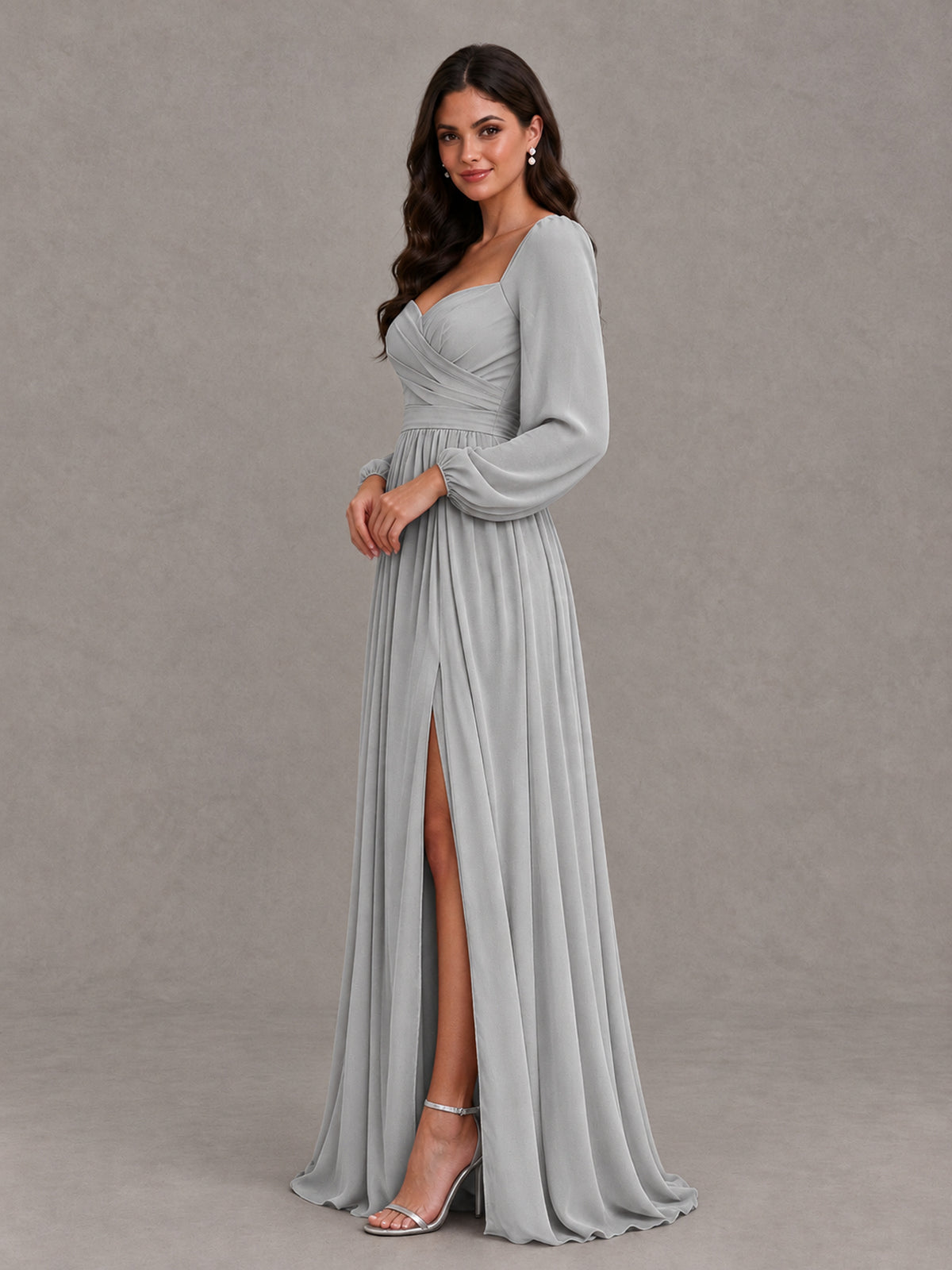 BOLODOO Silver Long Sleeve Chiffon Bridesmaid Dress with Slit - Silver - Silver (3)