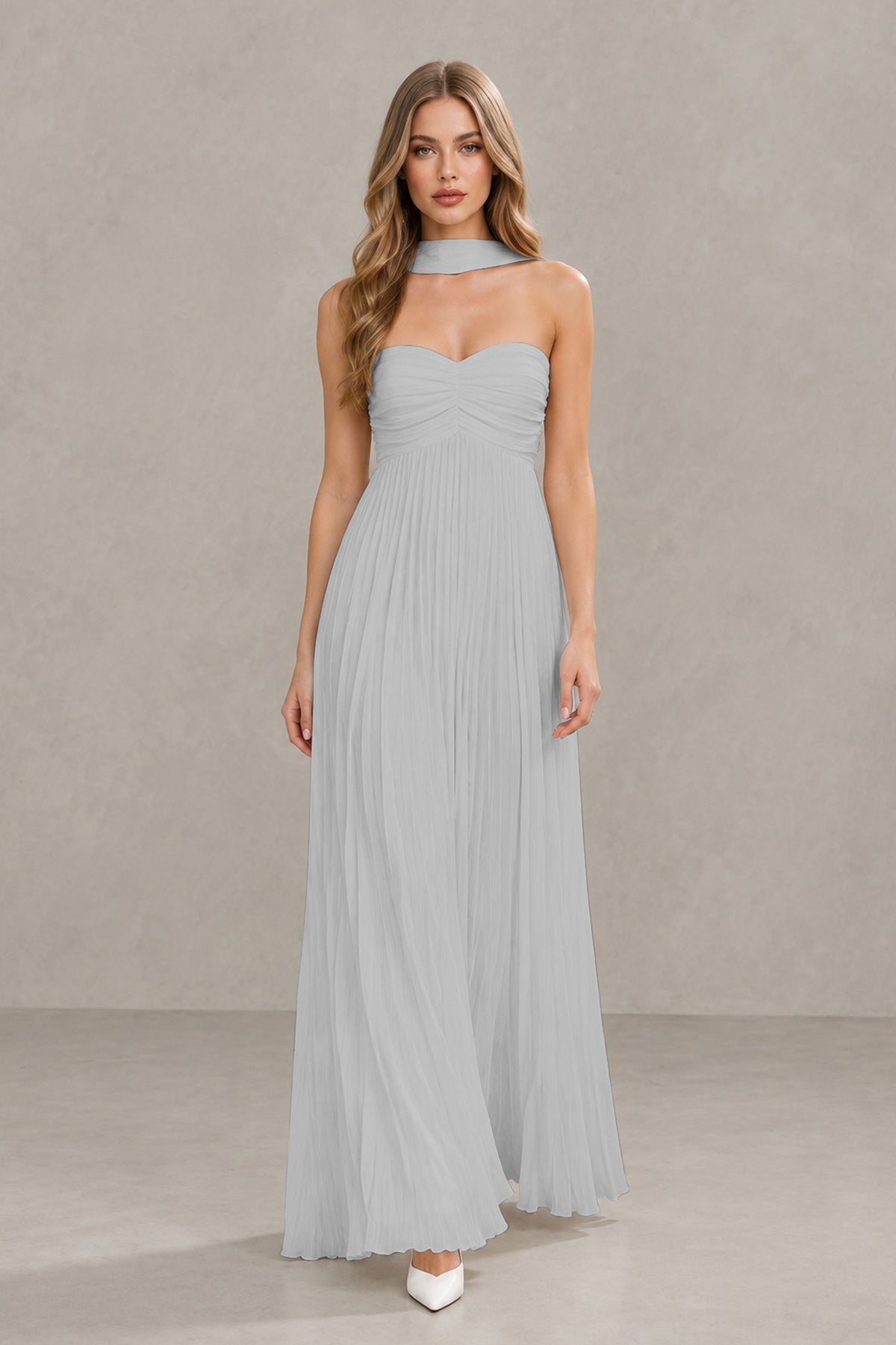 BOLODOO Silver Strapless Chiffon-Look Maxi Dress with Lace-Up Back & Cape - Silver