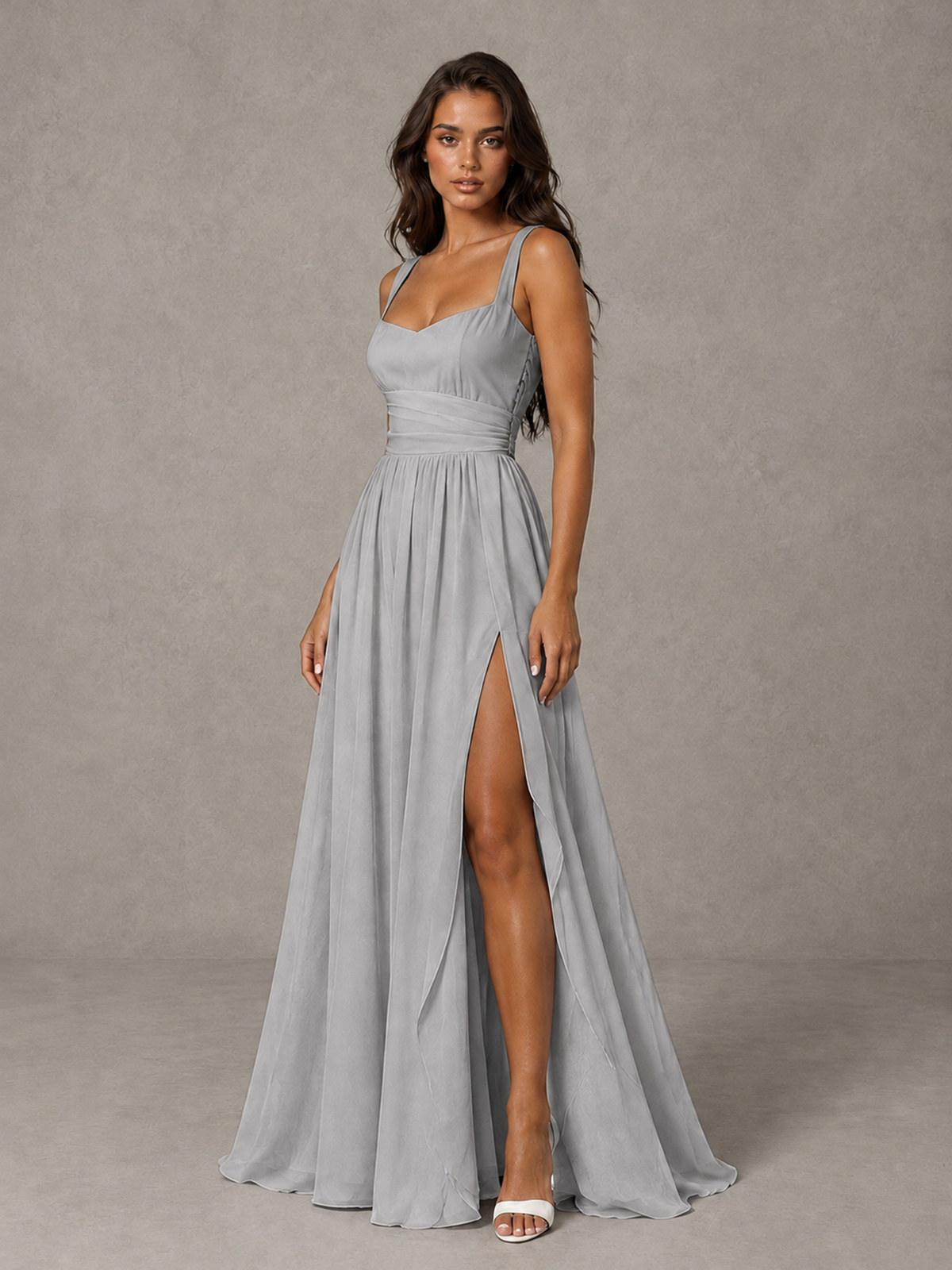 BOLODOO Silver A-Line Bridesmaid Dress with High Slit & Lace-Up Back - Silver - Silver (3)
