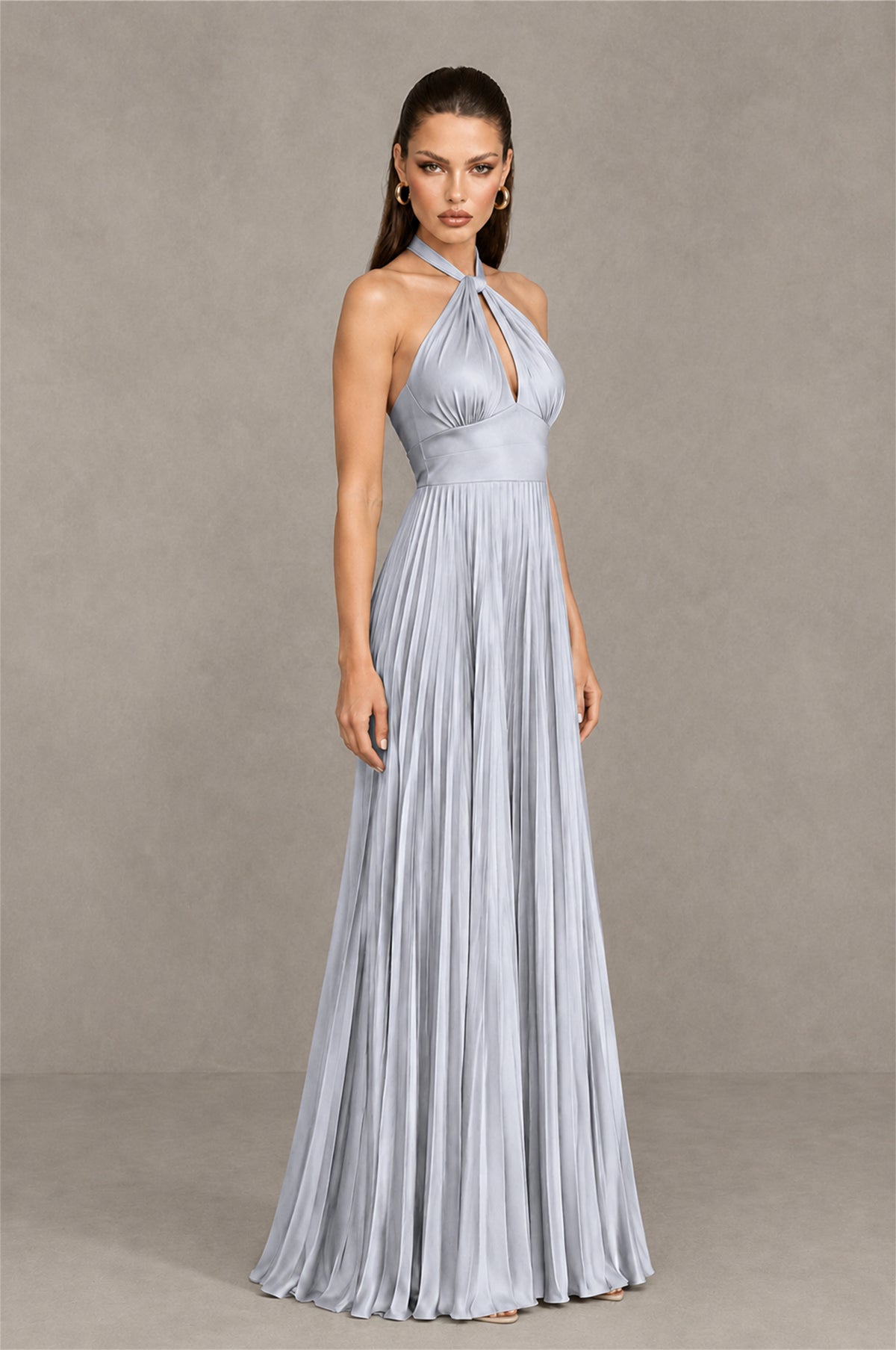 BOLODOO Silver Halter Pleated A-Line Evening Dress - Silver - Silver (3)