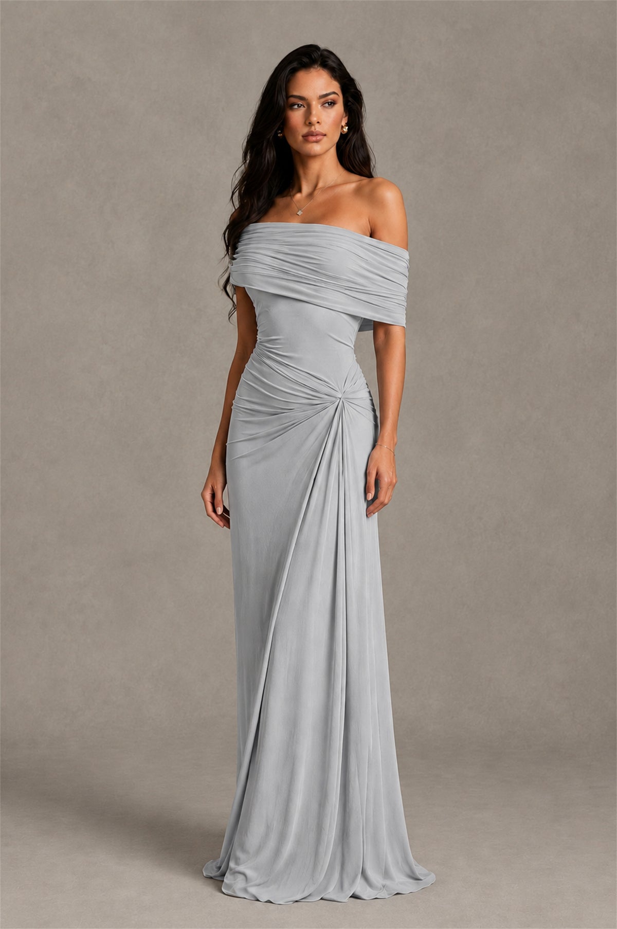 BOLODOO Silver Off-Shoulder Ruched Maxi Dress - Silver