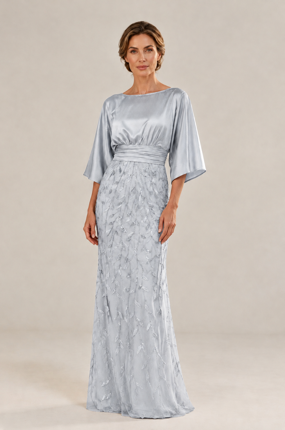 BOLODOO Silver Mother of the Bride Dress with Kimono Sleeves, Satin Bodice & Sequin Embroidered Mermaid Floor-Length Gown - Silver - Silver (3)