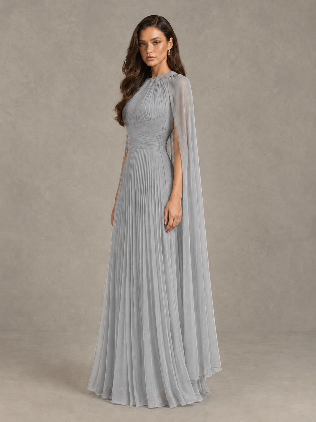 BOLODOO Silver Pleated Cape Maxi Wedding Guest Dress - Silver - Silver (3)