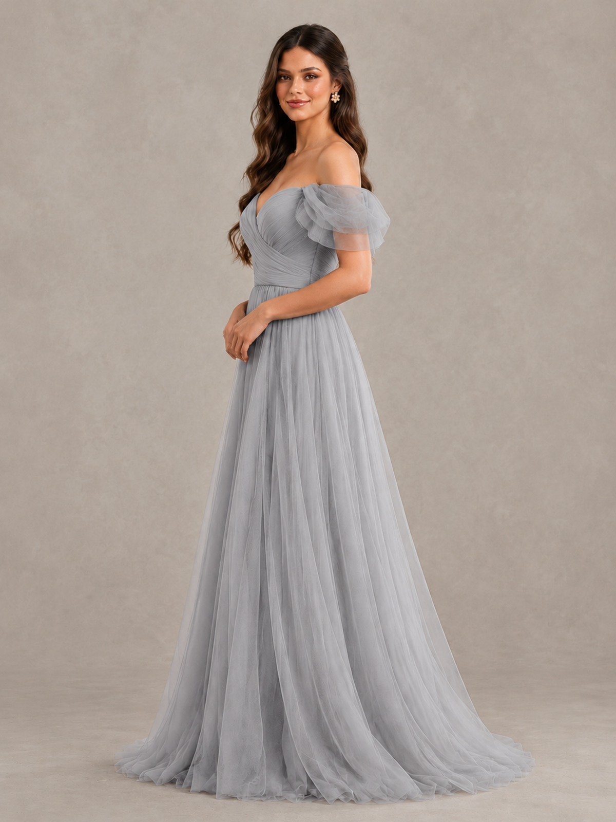 BOLODOO Silver Off-the-Shoulder Ruffle Sleeve A-Line Bridesmaid Dress - Silver - Silver (3)