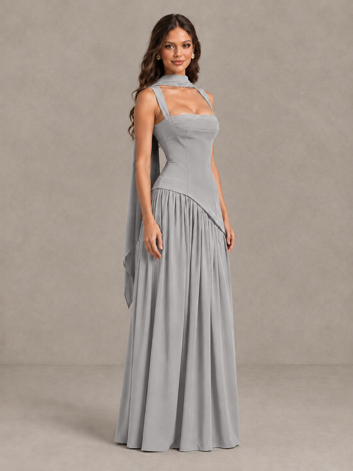 BOLODOO Silver Brown Scarf Bridesmaid Dress with Lace-Up Back - Silver - Silver (3)
