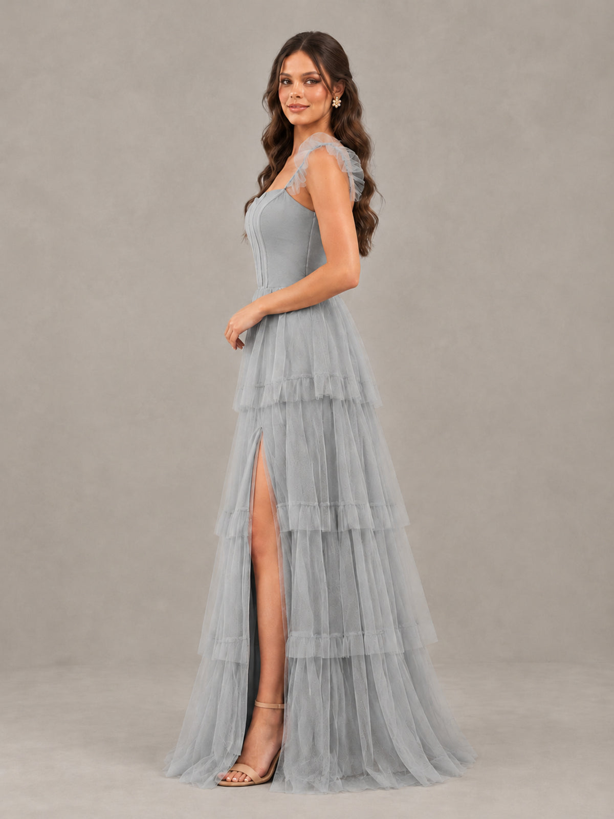 BOLODOO Silver Tiered Tulle Bridesmaid Dress with Slit - Silver - Silver (3)
