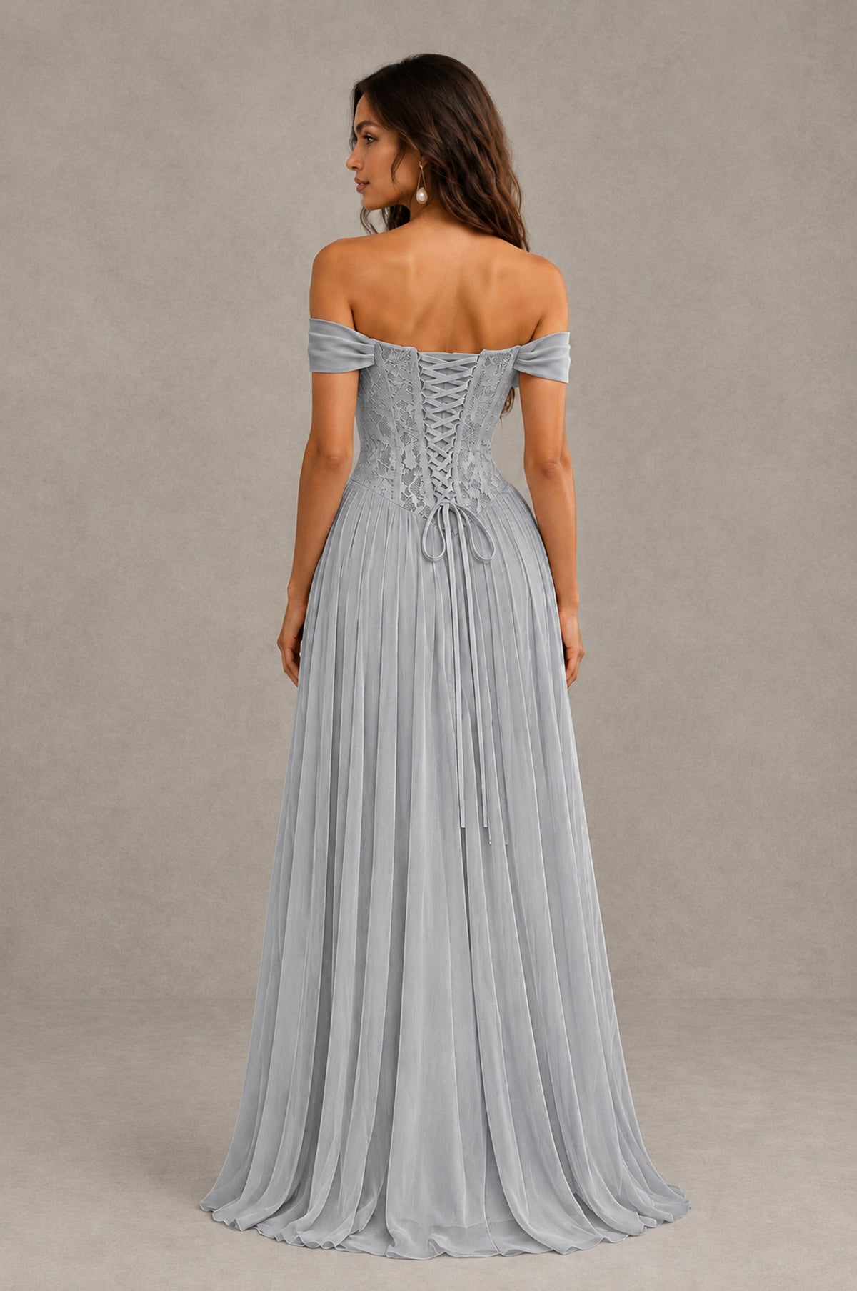 BOLODOO Silver Off-Shoulder Lace Corset Tulle Maxi Dress - Silver - Silver (3)