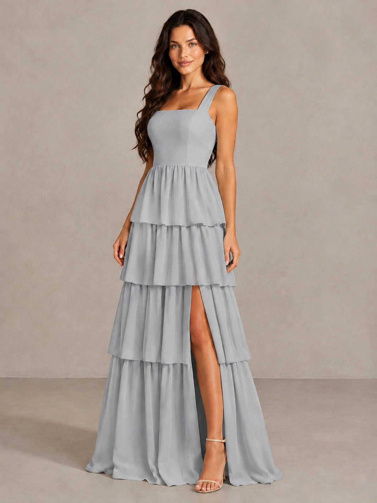 BOLODOO Silver Square Neck Tiered Bridesmaid Dress with Slit - Silver - Silver (3)