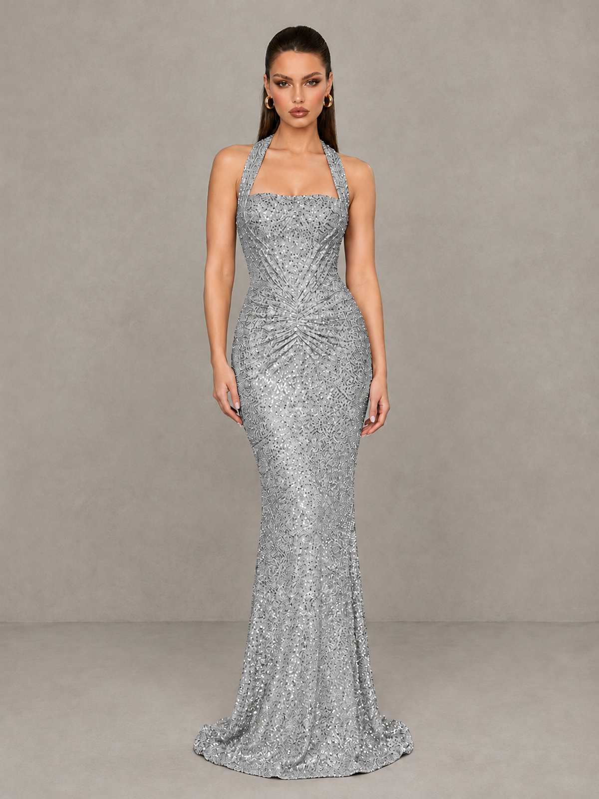 BOLODOO Silver Sequin Halter Mermaid Evening Gown - Silver - Silver (3)