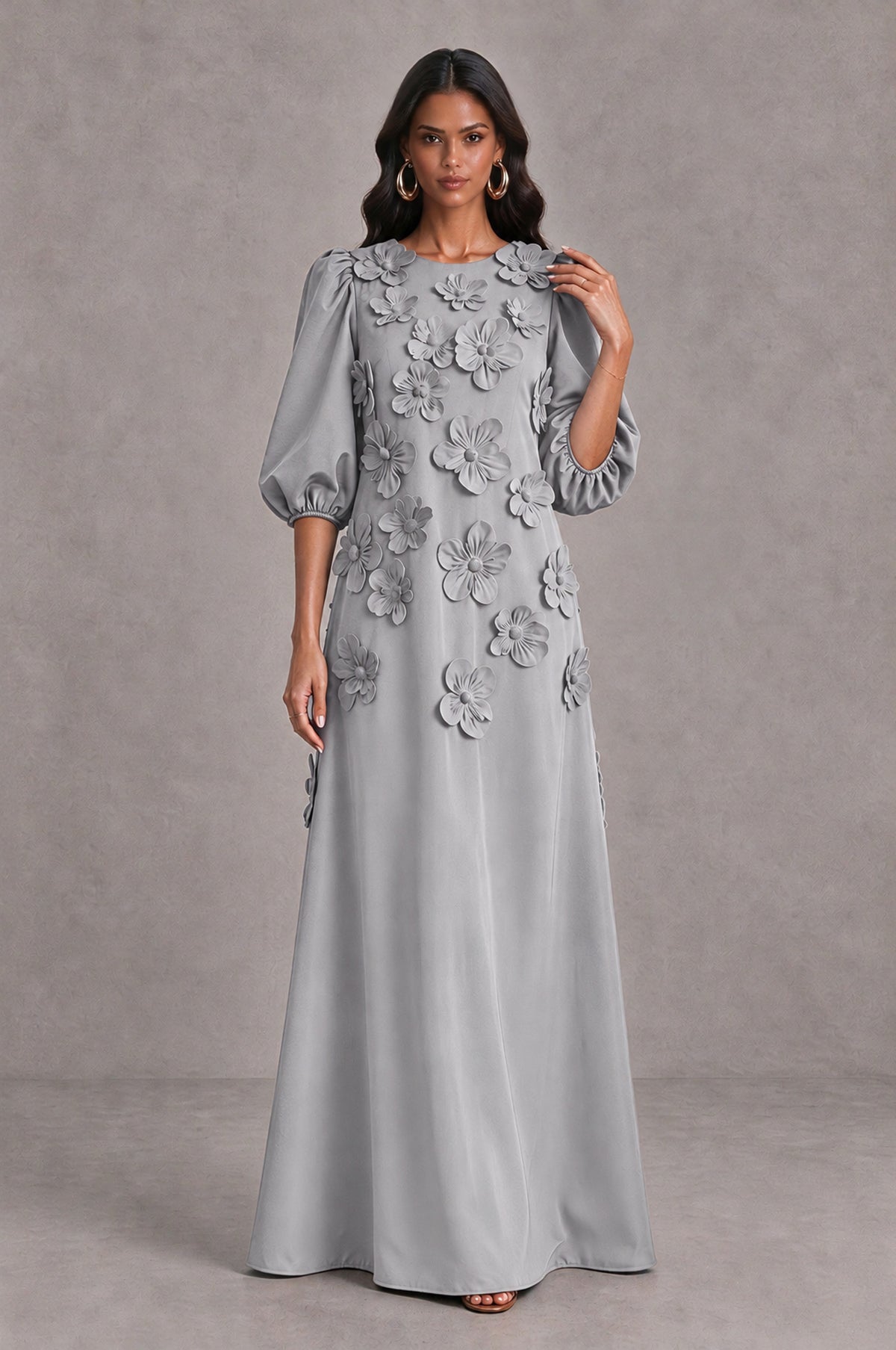 BOLODOO Silver Floral Applique Puff Sleeve A-Line Evening Dress - Silver - Silver (3)
