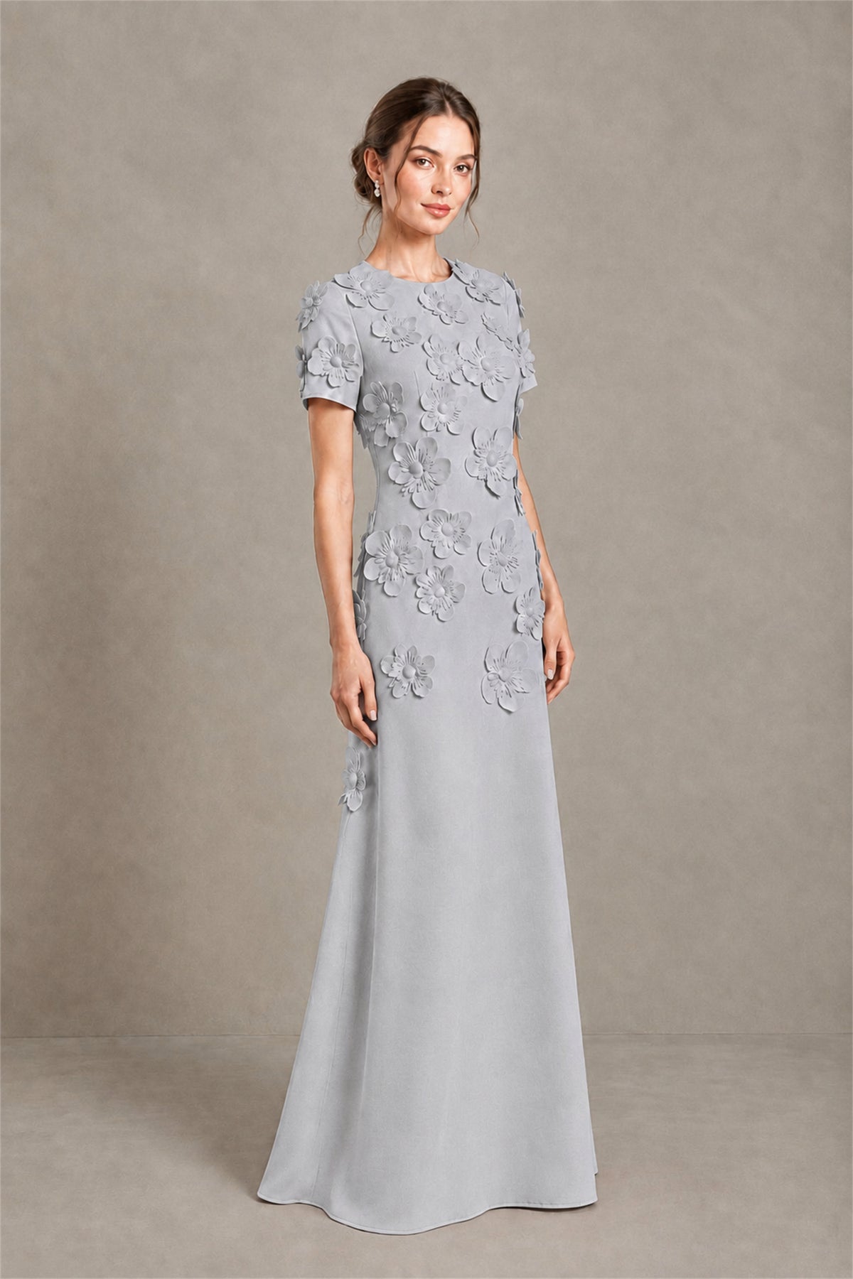 BOLODOO Silver Textured Floral Maxi Dress with Short Sleeves - Silver