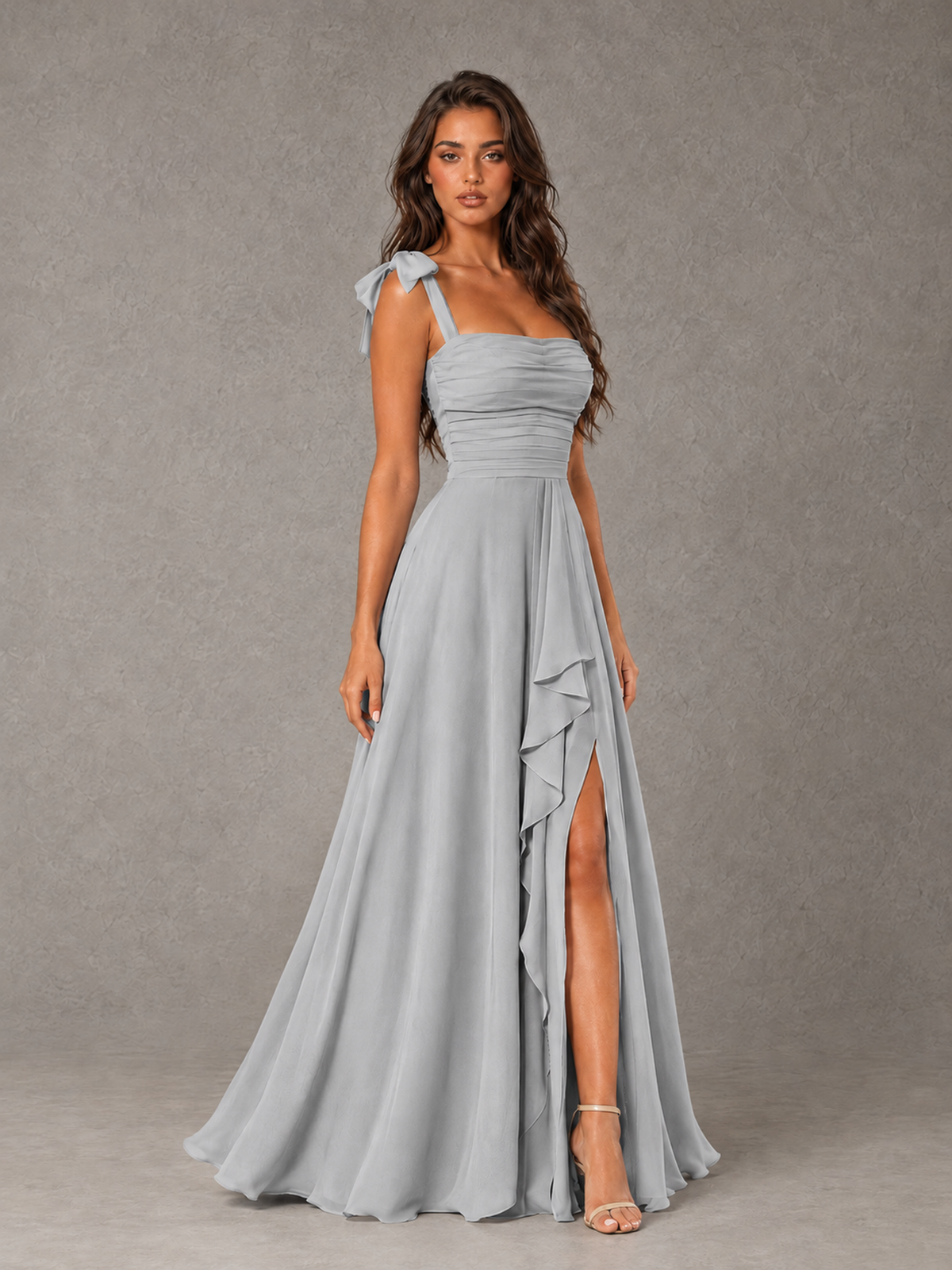 BOLODOO Silver Bow-Strap Bridesmaid Dress with Ruffle Slit - Silver - Silver (3)