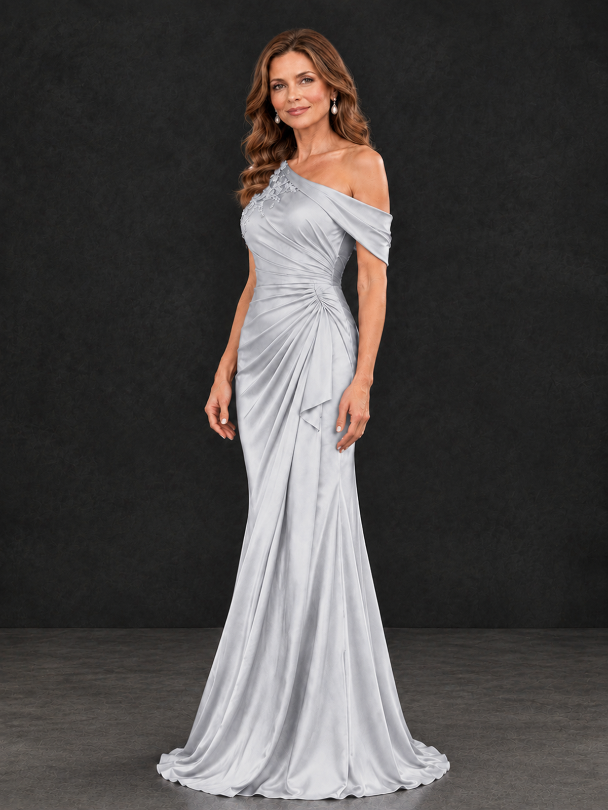 BOLODOO Silver Asymmetric Satin Mother of the Bride Dress with Lace Sleeve - Silver - Silver (3)