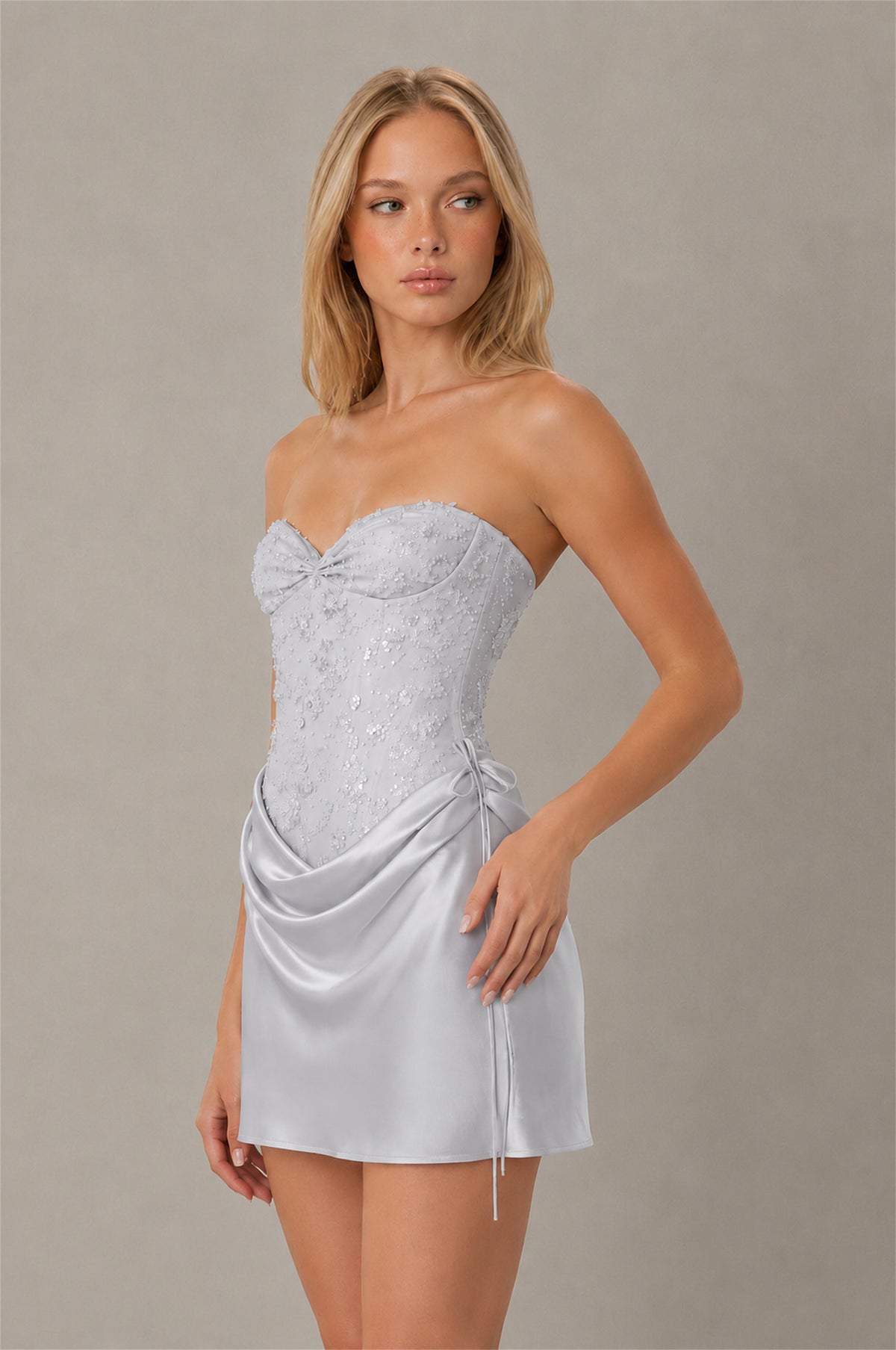 BOLODOO Silver Lace Corset Strapless Sweetheart Satin Mini Dress with Open Back - Silver
