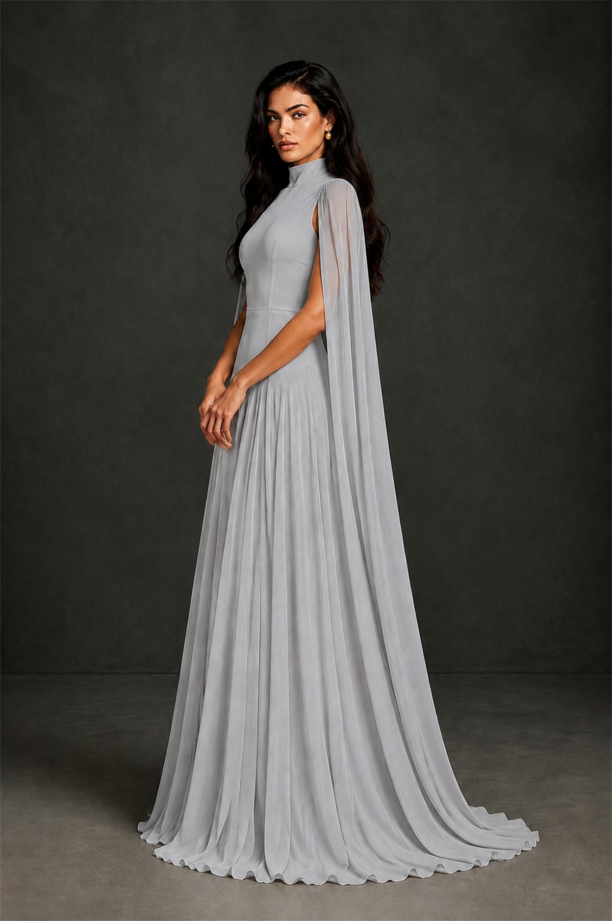 BOLODOO Silver Mock Neck Cape Sleeve A-Line Chiffon Maxi Dress - Silver - Silver (3)