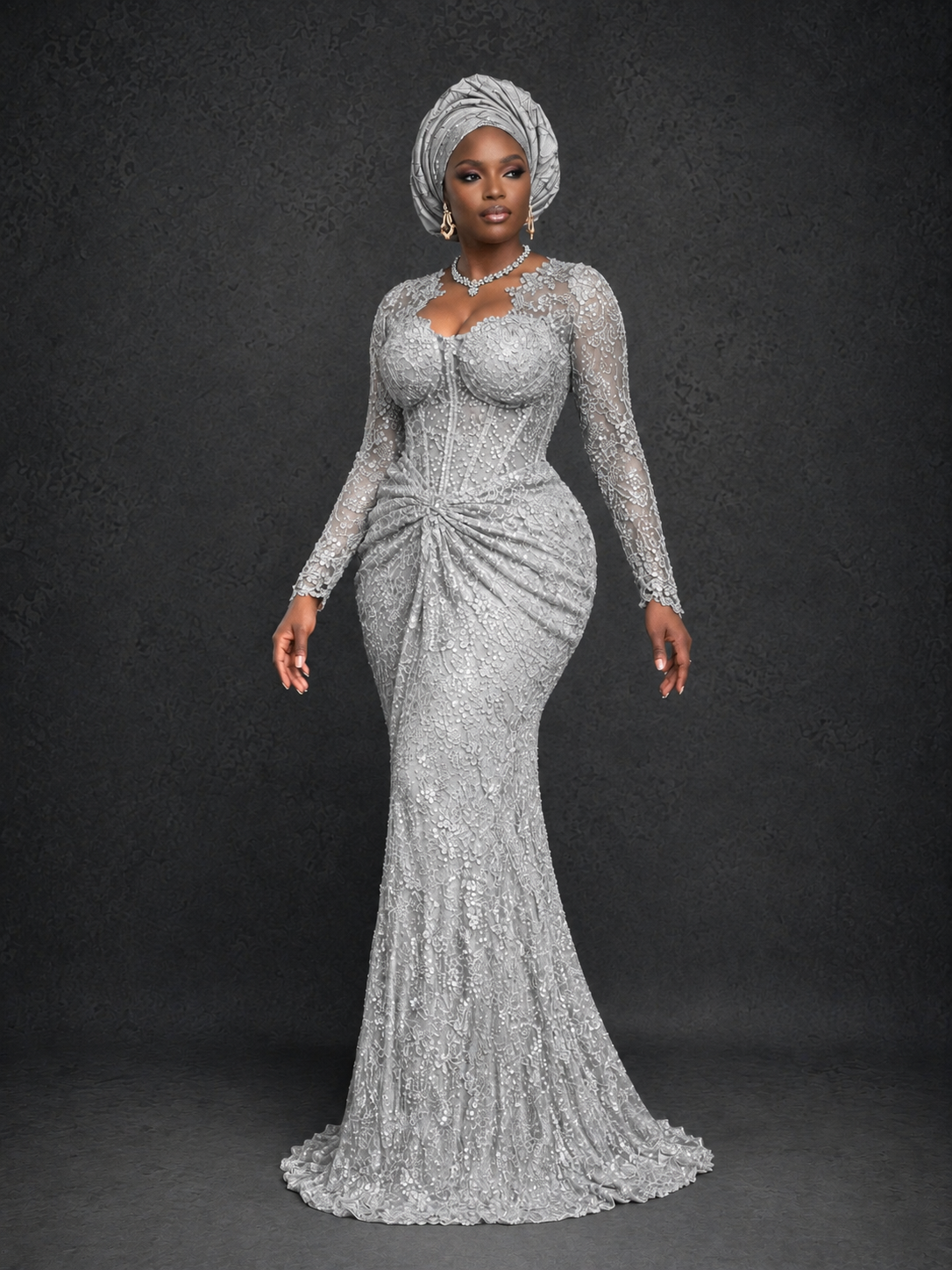 BOLODOO Silver Beaded Lace Long Sleeve Mermaid Gown Sweetheart | Mother of the Bride - Silver