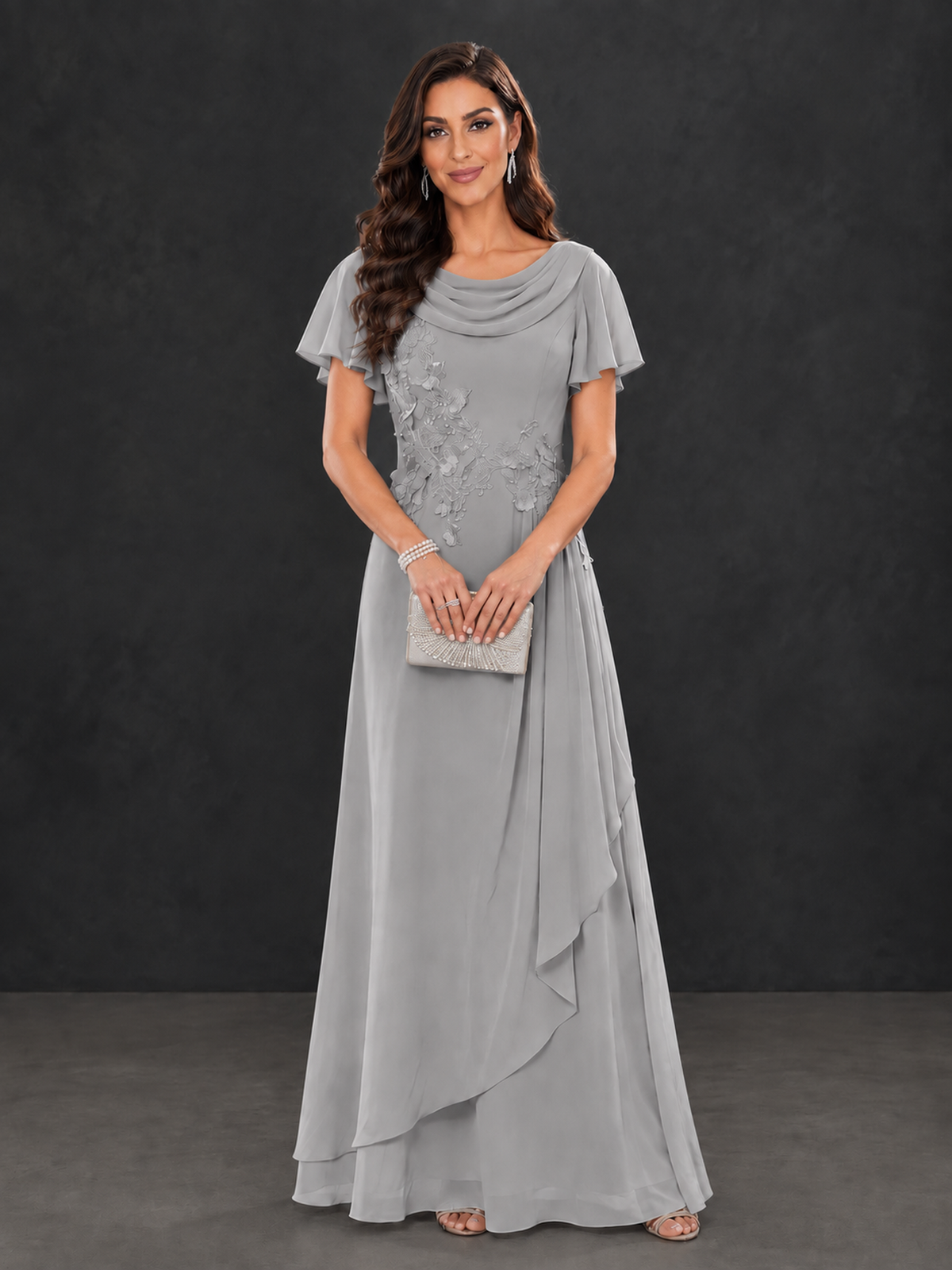BOLODOO Silver Floral Flutter Sleeve Mother of the Bride Dress - Silver