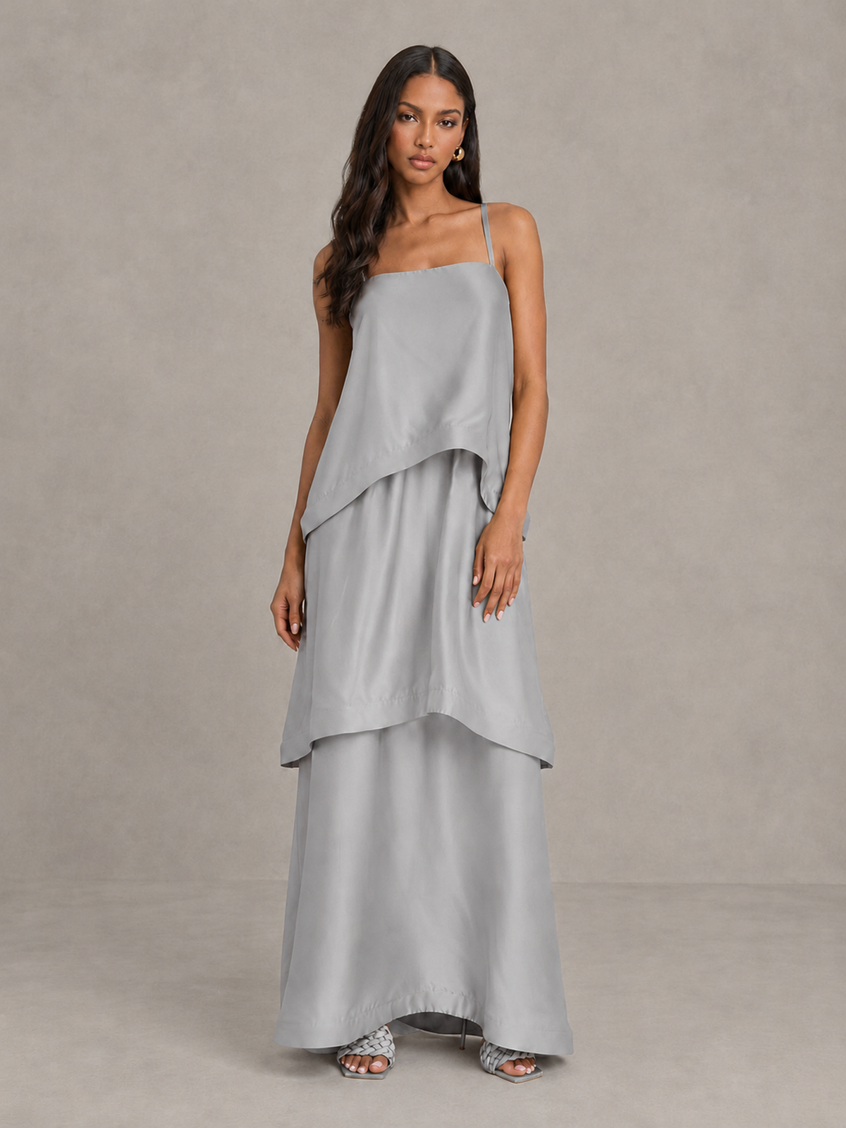 BOLODOO Silver Satin Tiered Maxi Dress with Spaghetti Straps - Silver