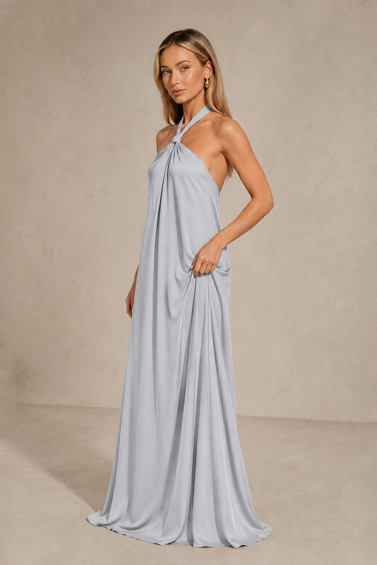 BOLODOO Silver Backless Halter Satin Bridesmaid Dress - Silver