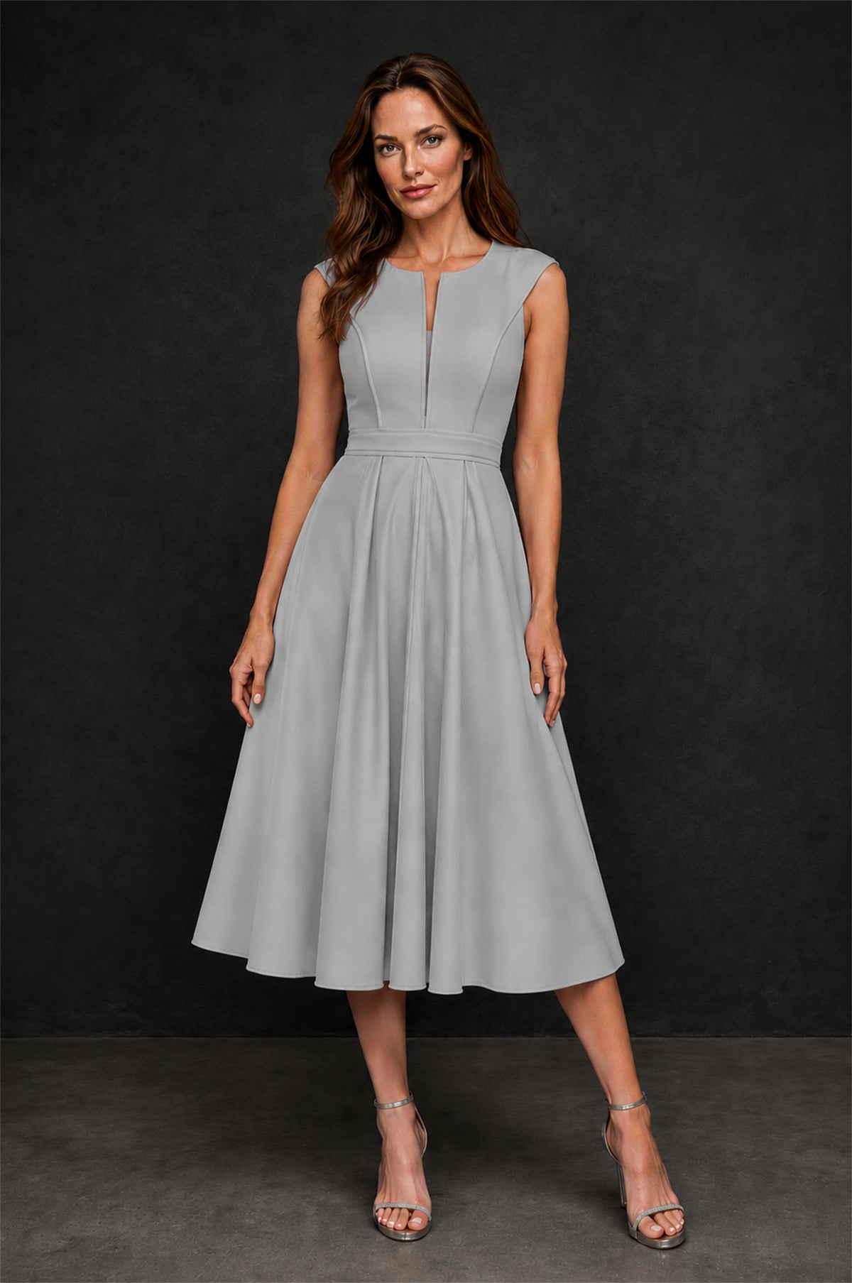BOLODOO Silver 3D Rosette Appliqué 3/4 Sleeve Jacket & V-Notch Sleeveless A-Line Tea-Length Two-Piece Dress Set - Silver