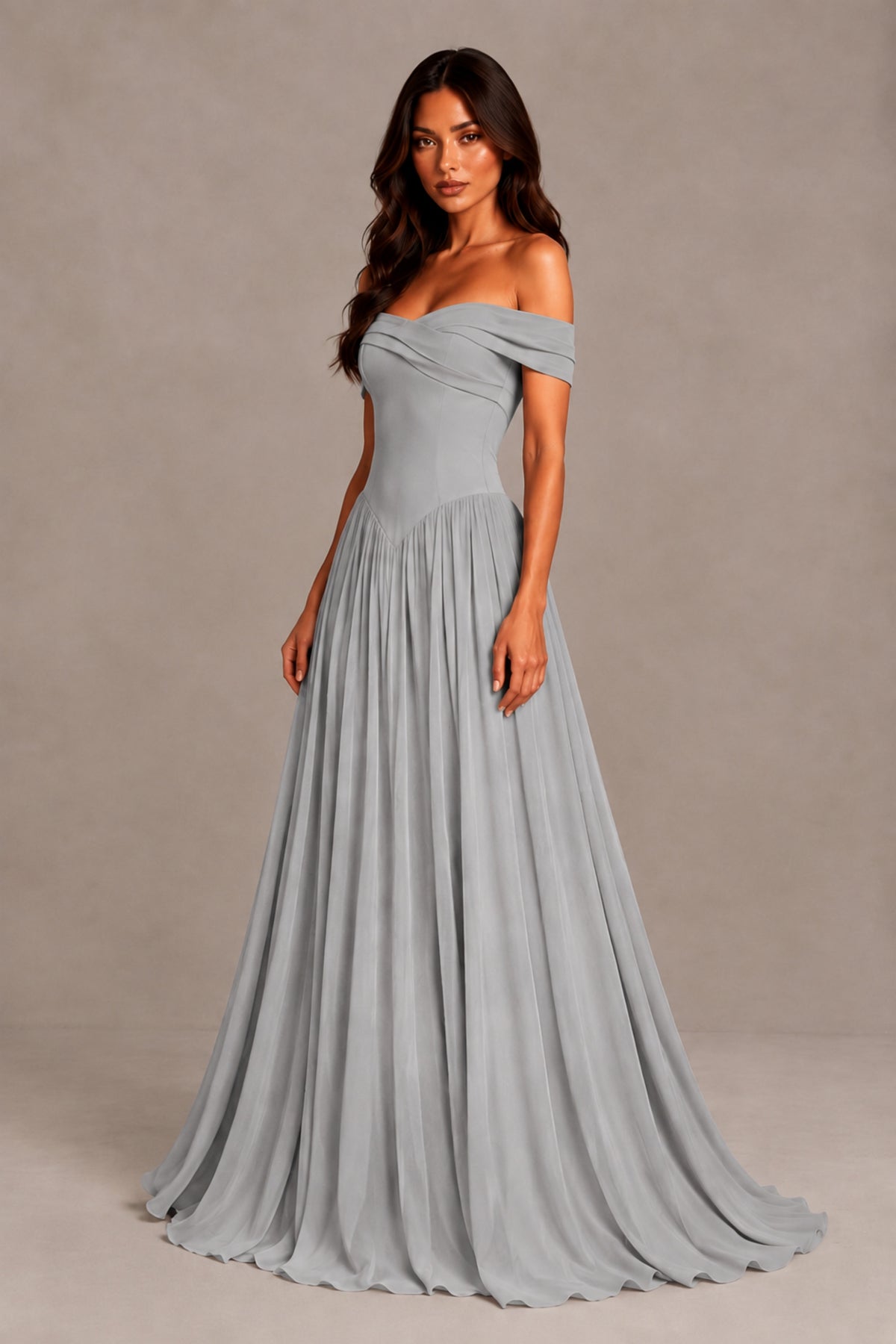 BOLODOO Silver Off-Shoulder Sweetheart Corset Pleated Chiffon Maxi Dress - Silver - Silver (3)