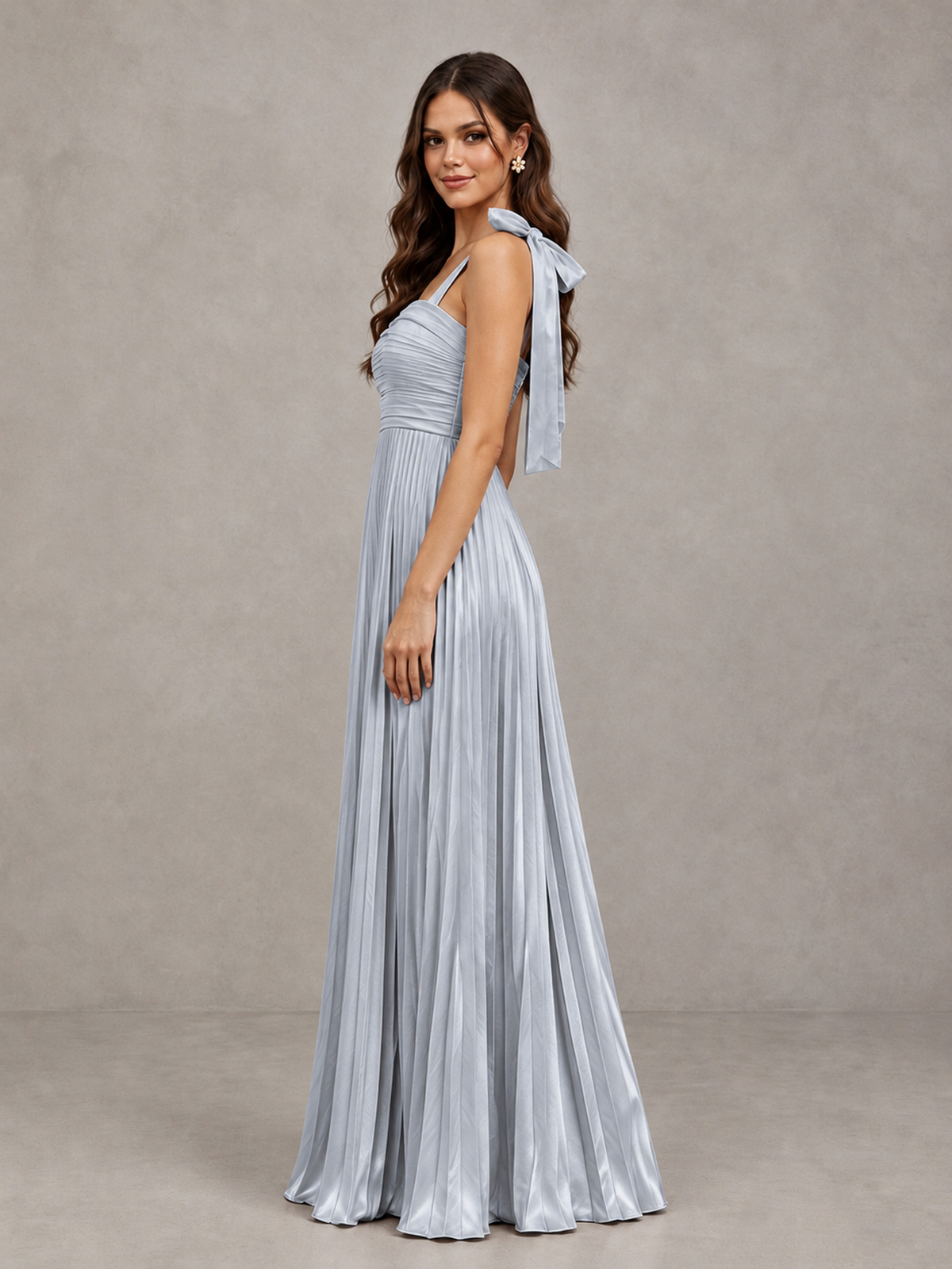 BOLODOO Silver Pleated Bow-Strap Bridesmaid Maxi Dress - Silver - Silver (3)