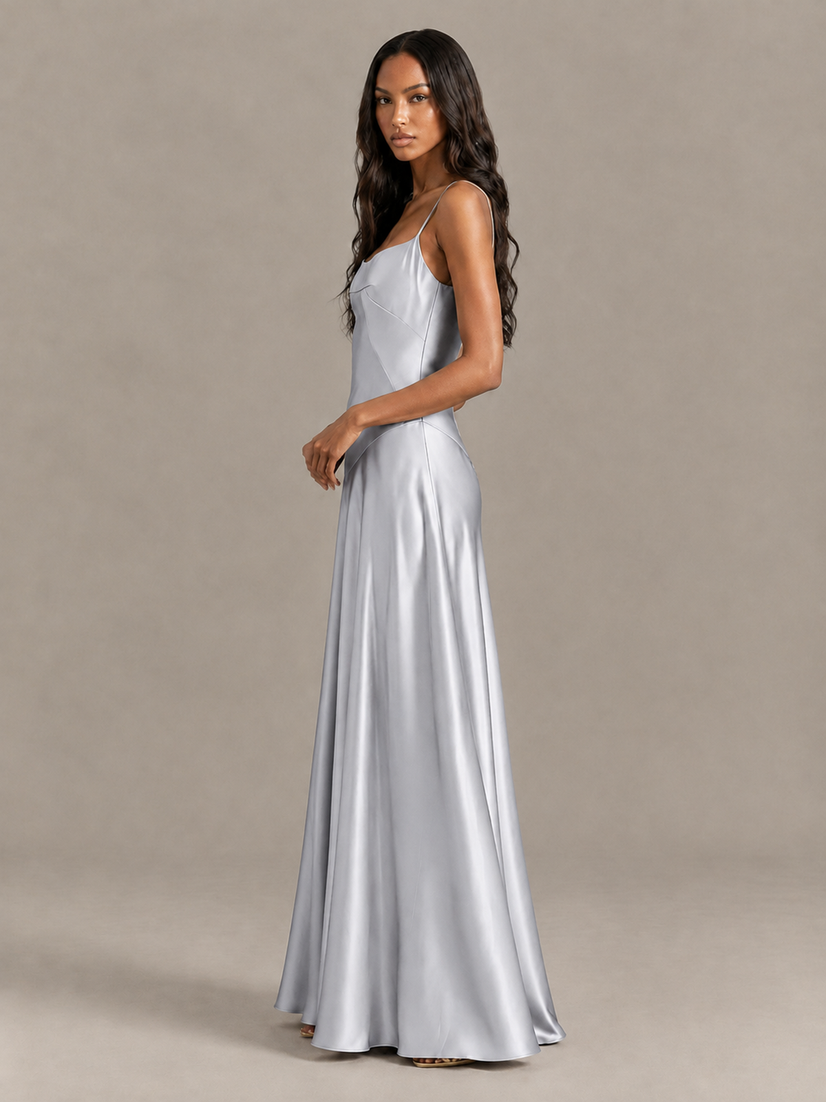 BOLODOO Silver Satin Lace-Up Back Maxi Dress - Silver
