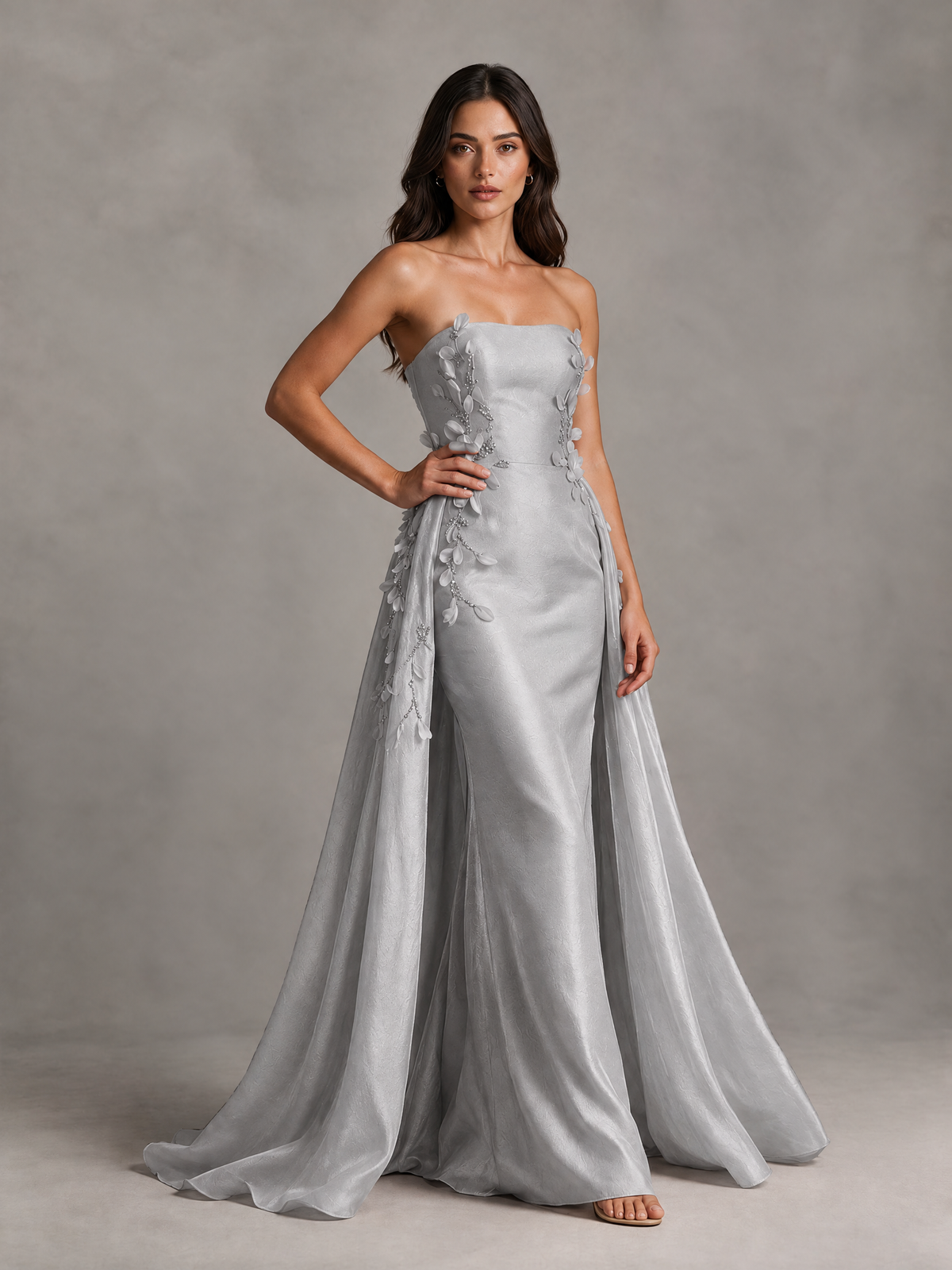 BOLODOO Silver Strapless Floral Applique Prom Dress with Overskirt - Silver - Silver (3)