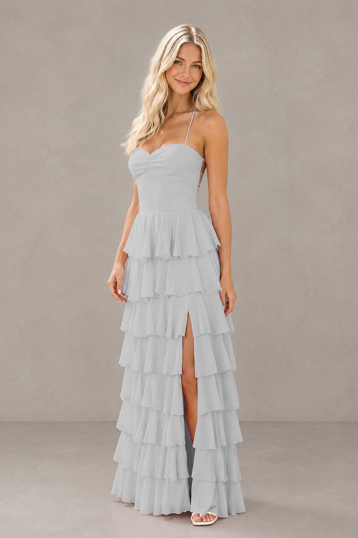 BOLODOO Silver Strapless Tiered Ruffle Maxi Dress with Slit & Lace-Up Back - Silver