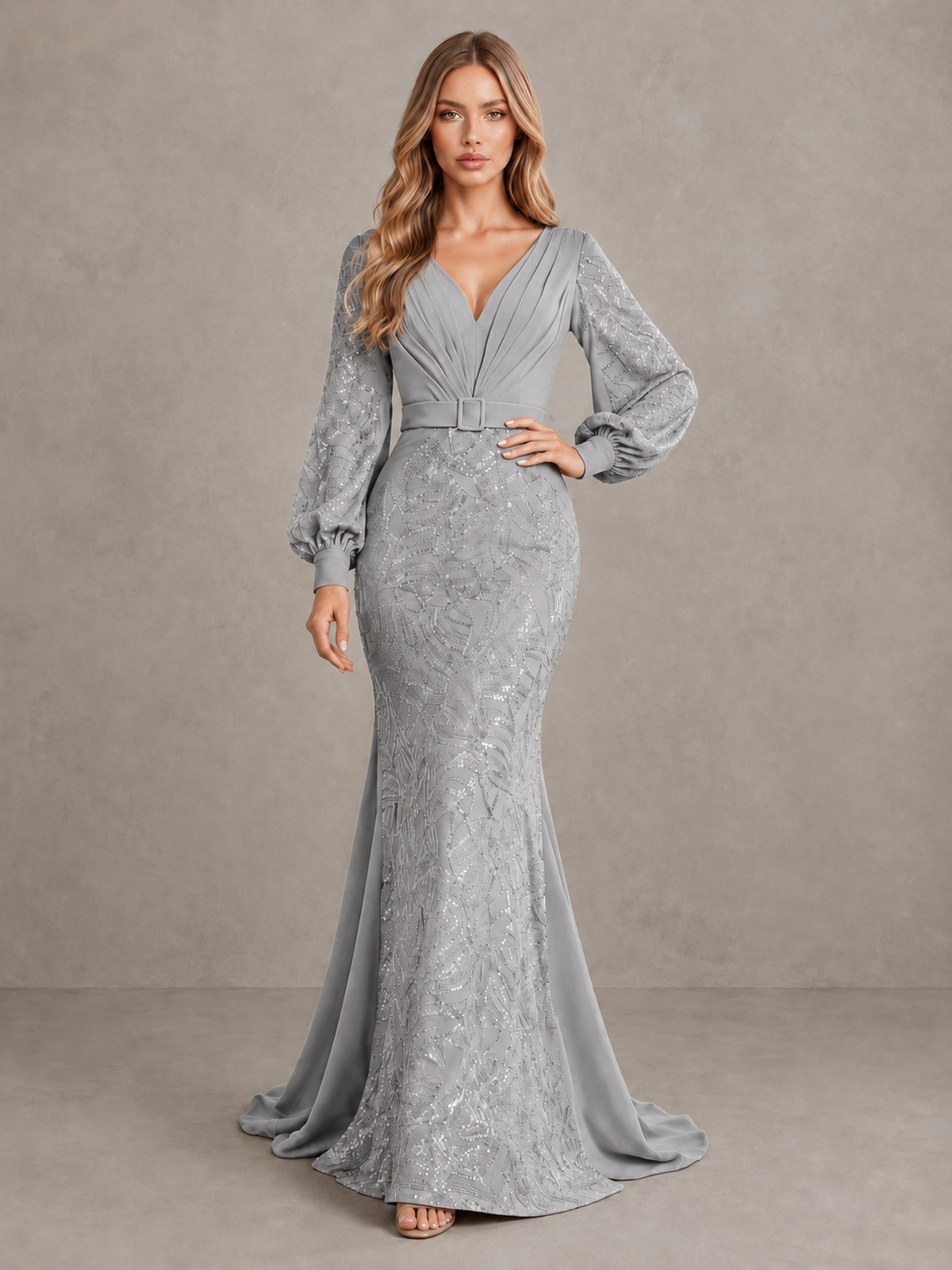 BOLODOO Silver Sequin Long Bishop Sleeve Mermaid Evening Dress - Silver - Silver (3)