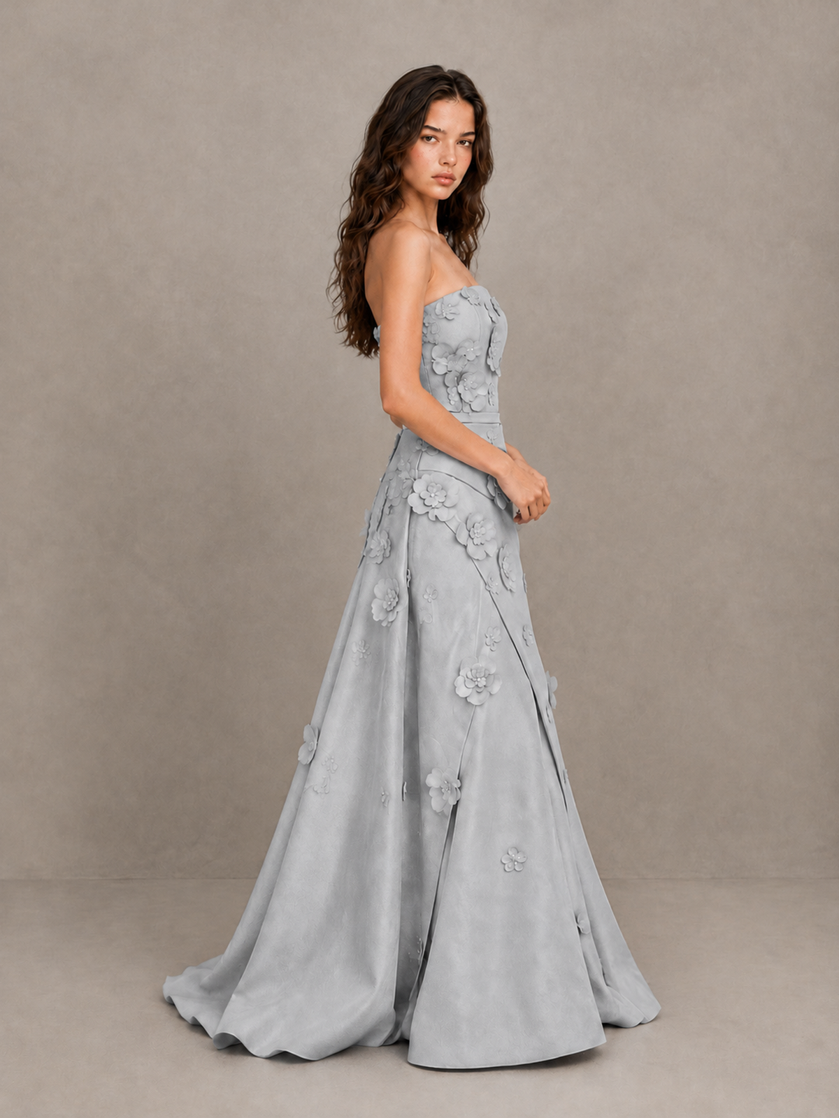 BOLODOO Silver Strapless 3D Floral Applique Prom Gown with Draped Skirt - Silver - Silver (3)