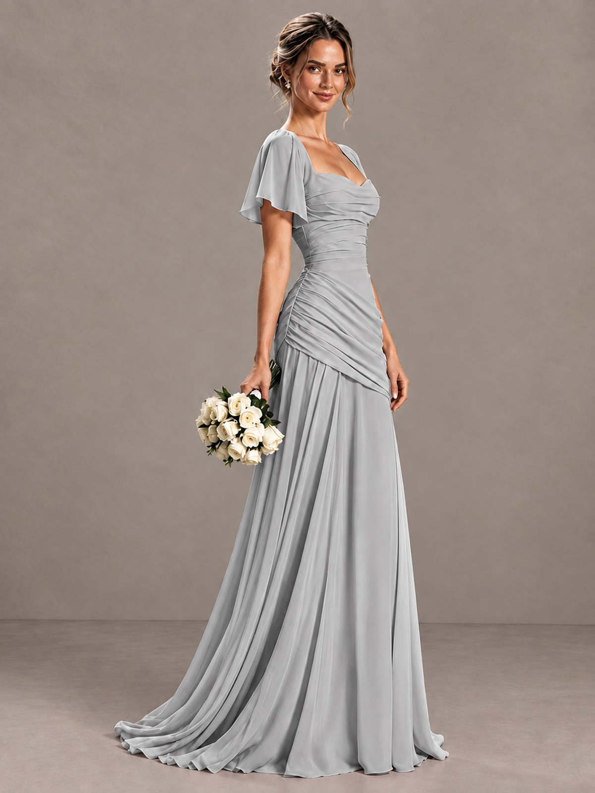 BOLODOO Silver Flutter Sleeve Lace-Up Back Maxi Dress - Silver - Silver (3)