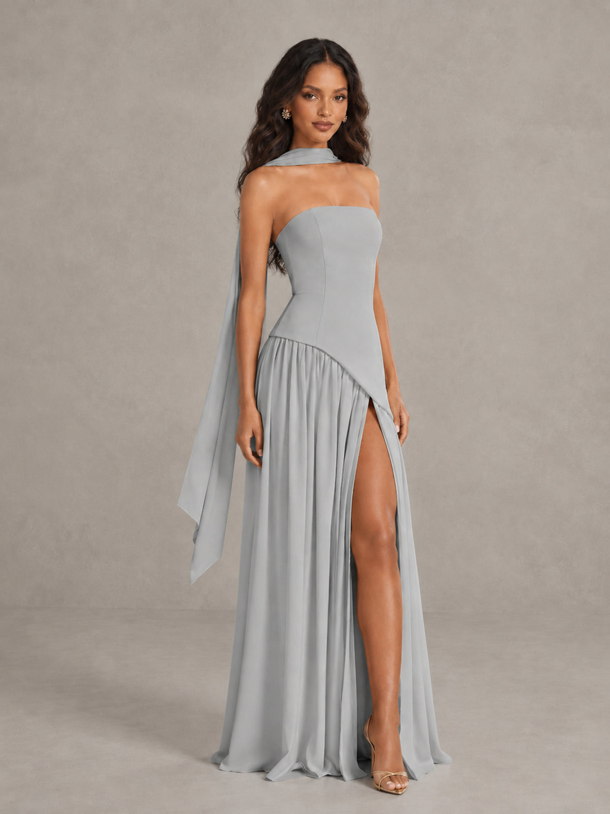 Silver Strapless Bridesmaid Dress with Scarf & High Slit - Silver - Silver (3)