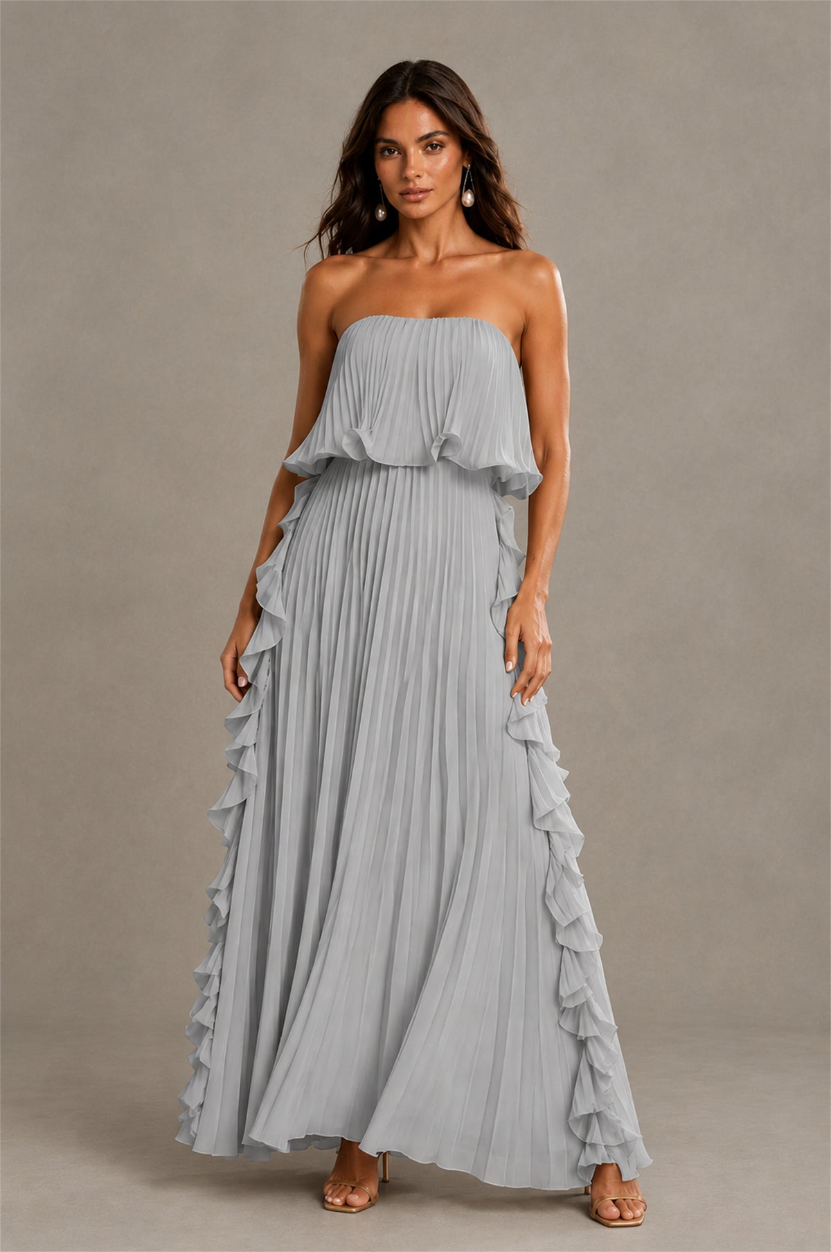 BOLODOO Silver Strapless Ruffle Bodice Dual Cascading Ruffle Accordion Pleated Chiffon Maxi Dress - Silver