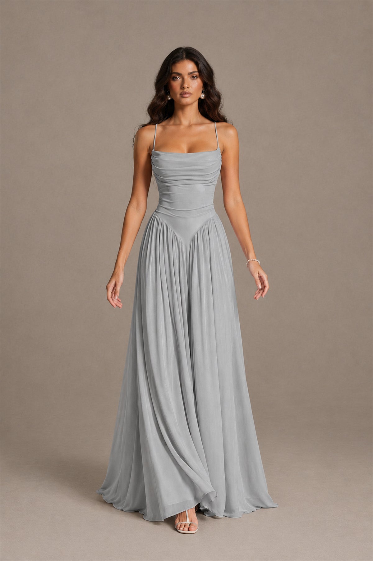 BOLODOO Silver Spaghetti Strap Square Neck Ruched Chiffon Maxi Dress with Lace-Up Back - Silver