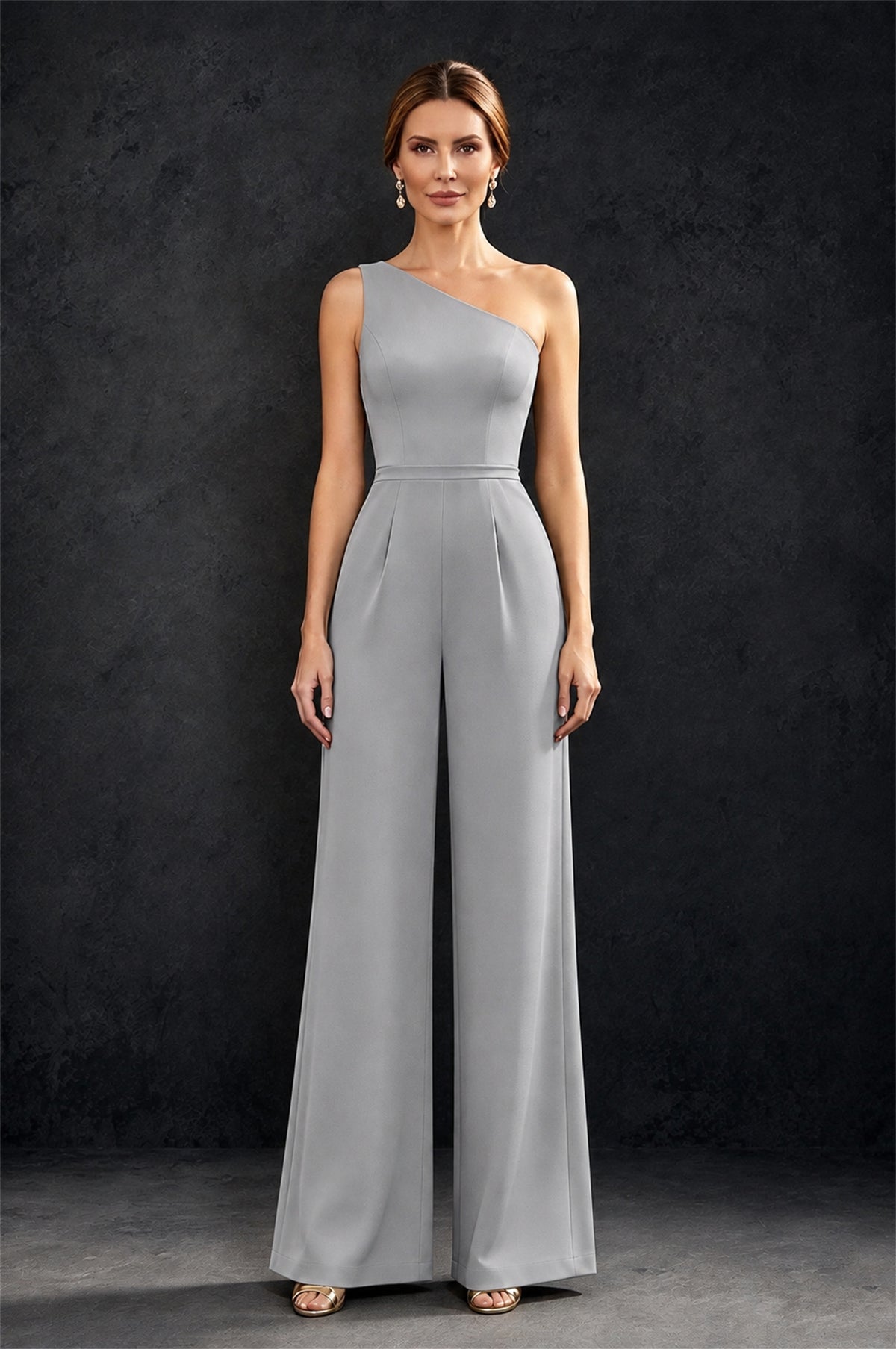 BOLODOO Silver 2-Piece Set: Off-Shoulder 3D Floral Cape Gown & One-Shoulder Wide-Leg Jumpsuit | BD0373 - Silver