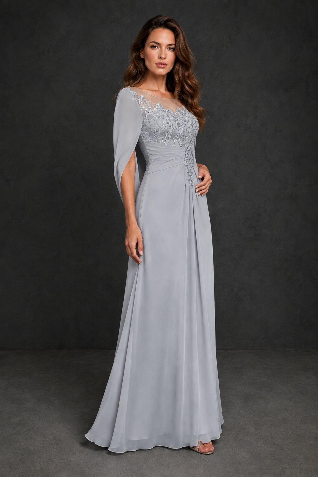 BOLODOO Silver Illusion Lace One-Side Cape Sleeve Beaded Chiffon Floor Length Gown | Mother of the Bride Evening Dress - Silver