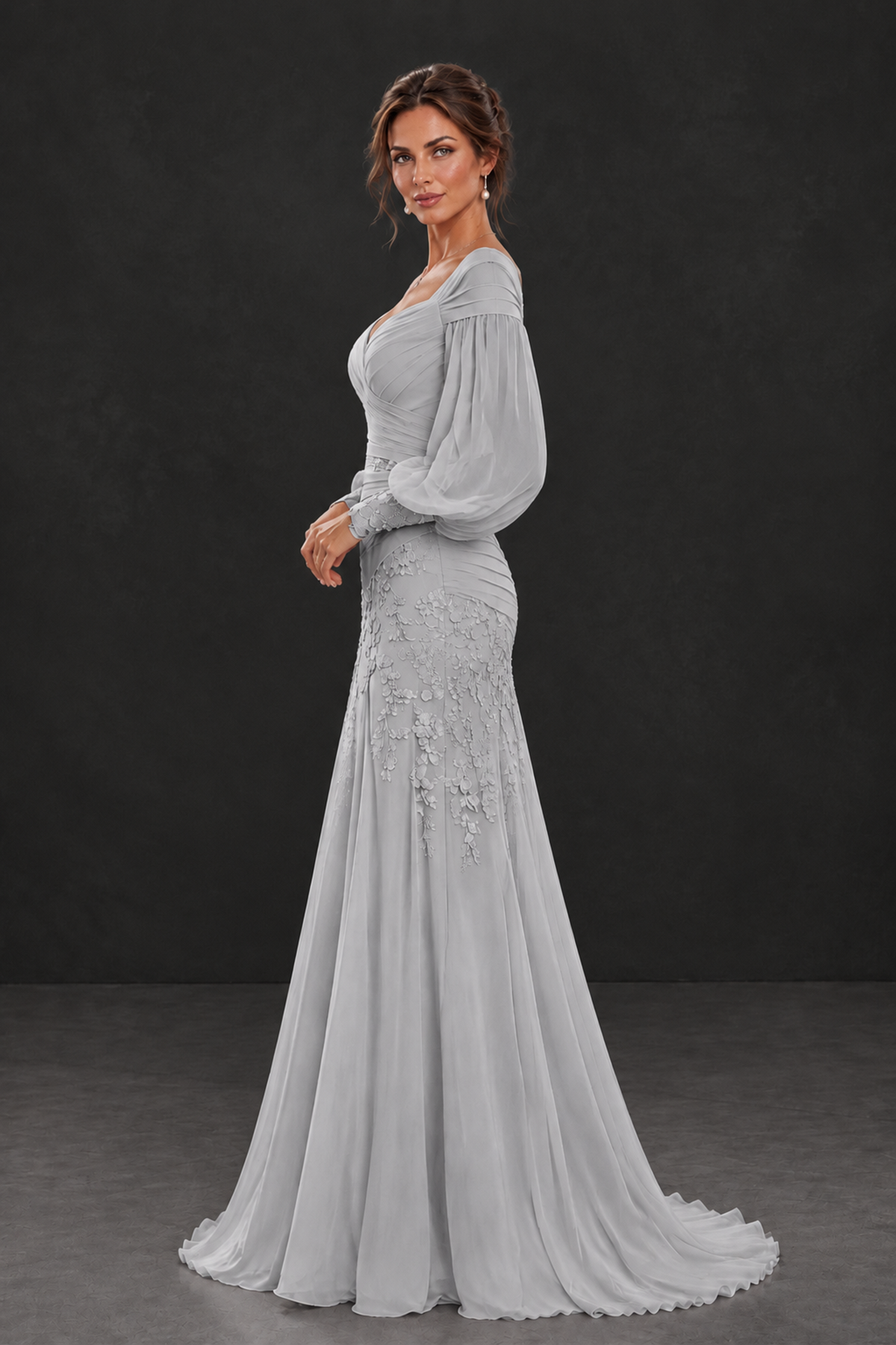 BOLODOO Silver Long Sleeve Mother of the Bride Dress with Floral Appliqués - Silver - Silver (3)