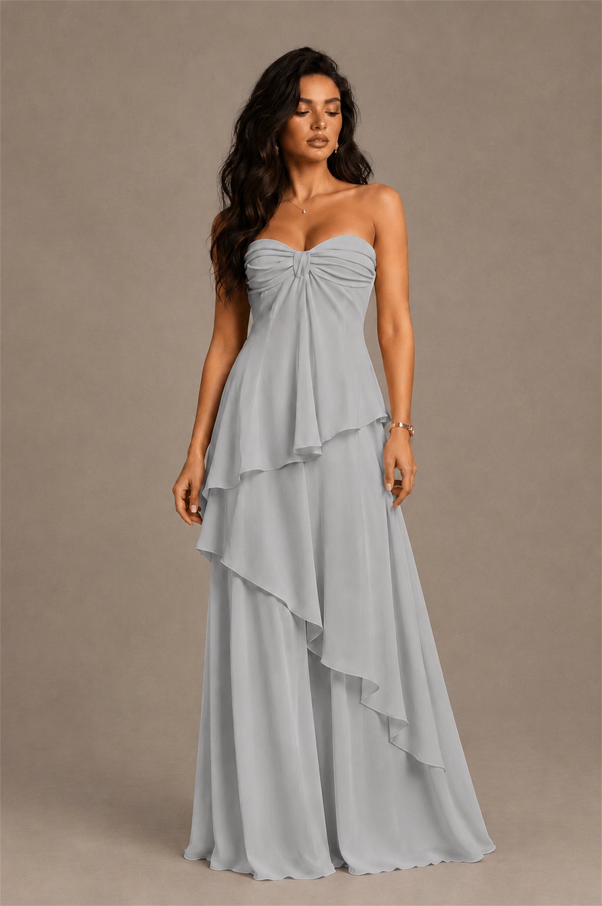 BOLODOO Silver Strapless Sweetheart Knotted Chiffon Tiered Maxi Dress with Lace-Up Back - Silver