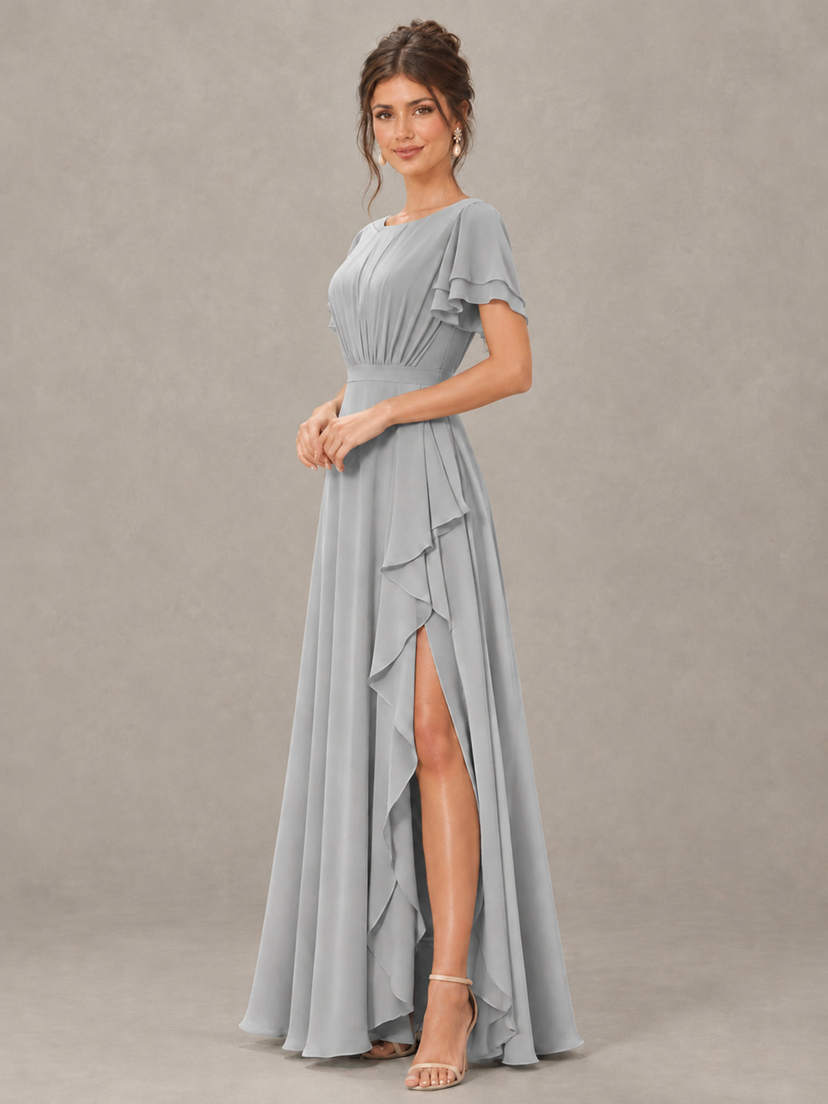 BOLODOO Silver Flutter Sleeve Ruffle Bridesmaid Dress with Slit - Silver - Silver (3)