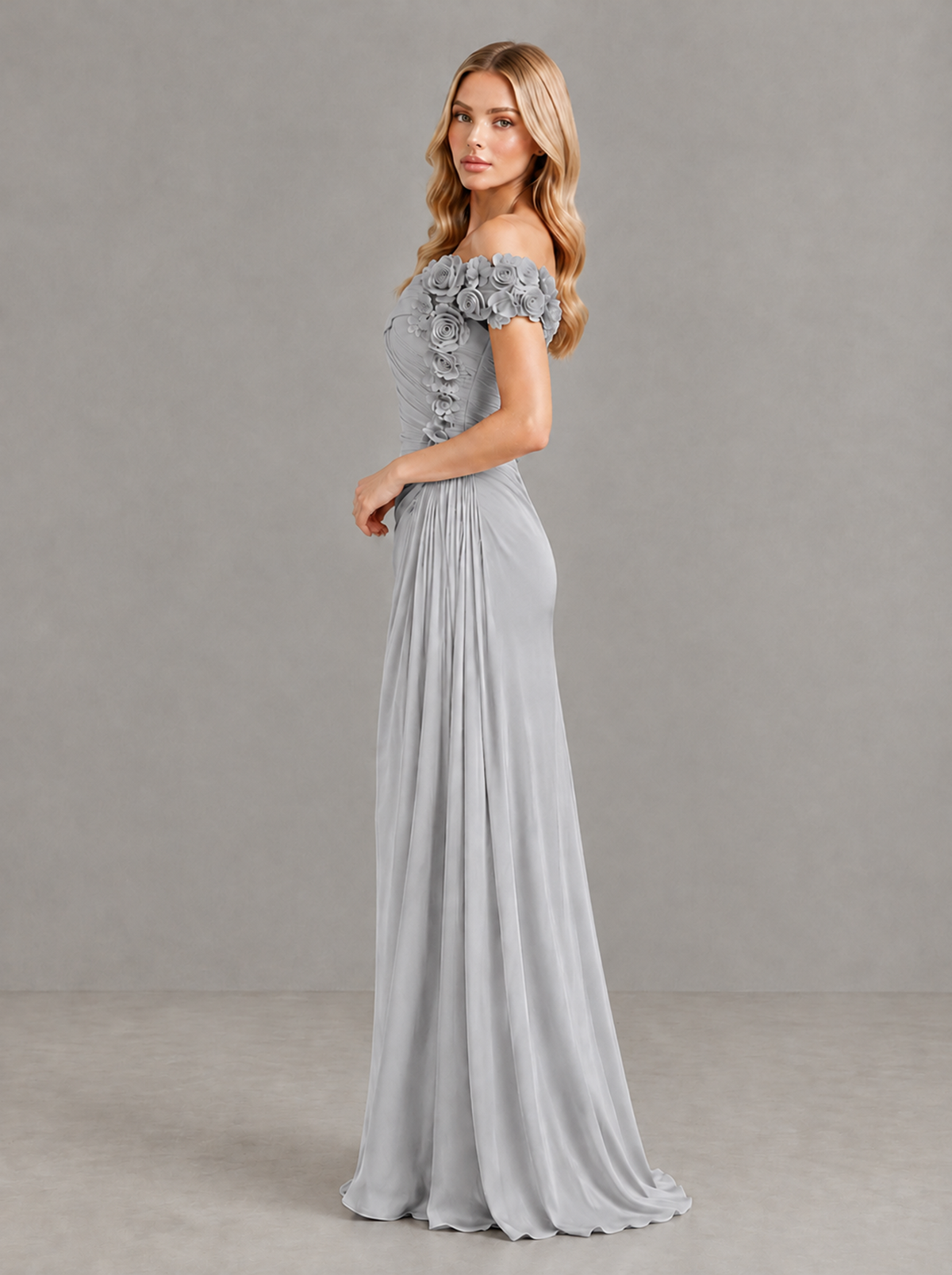BOLODOO Silver Off-Shoulder Floral Applique Wedding Guest Maxi Dress - Silver - Silver (3)