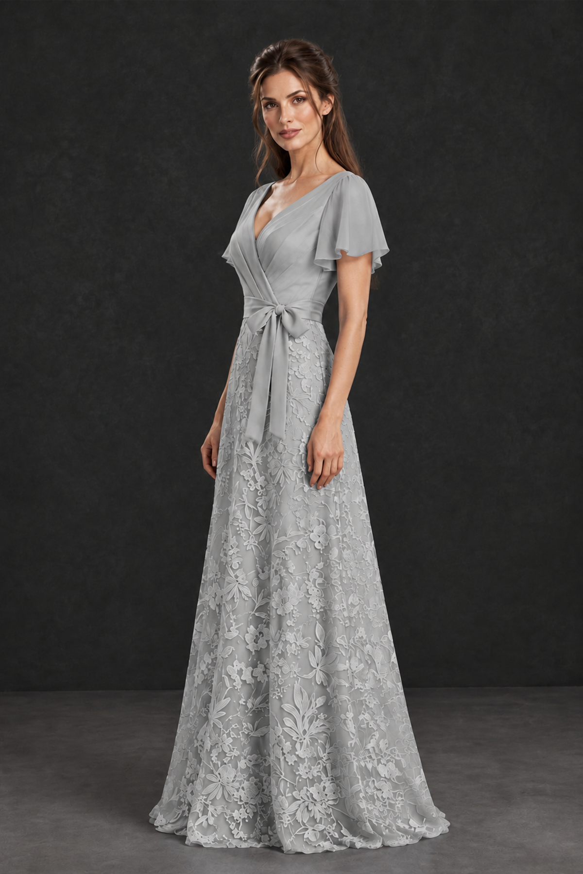 BOLODOO Silver Flutter Sleeve Lace Mother of the Bride Dress - Silver