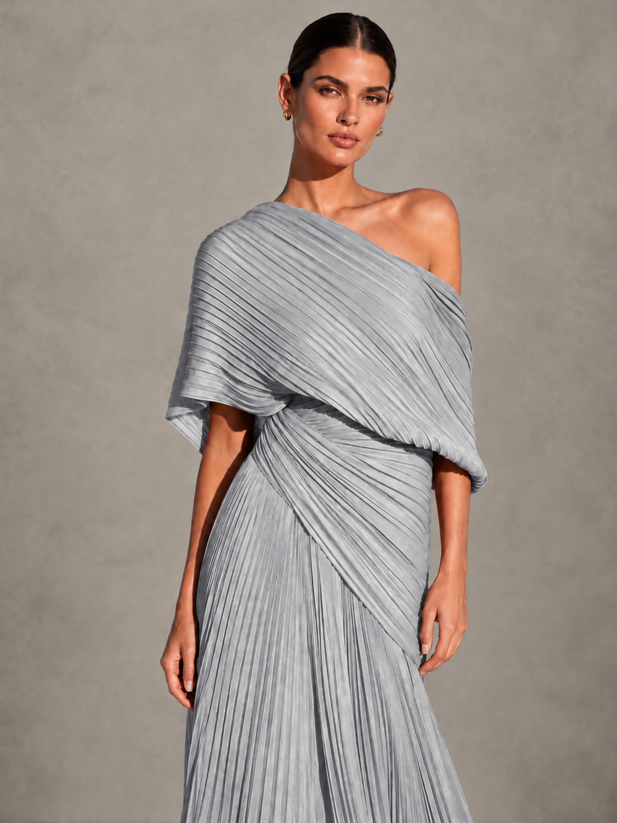BOLODOO Silver One-Shoulder Pleated Cape Evening Gown with Train - Silver - Silver (3)