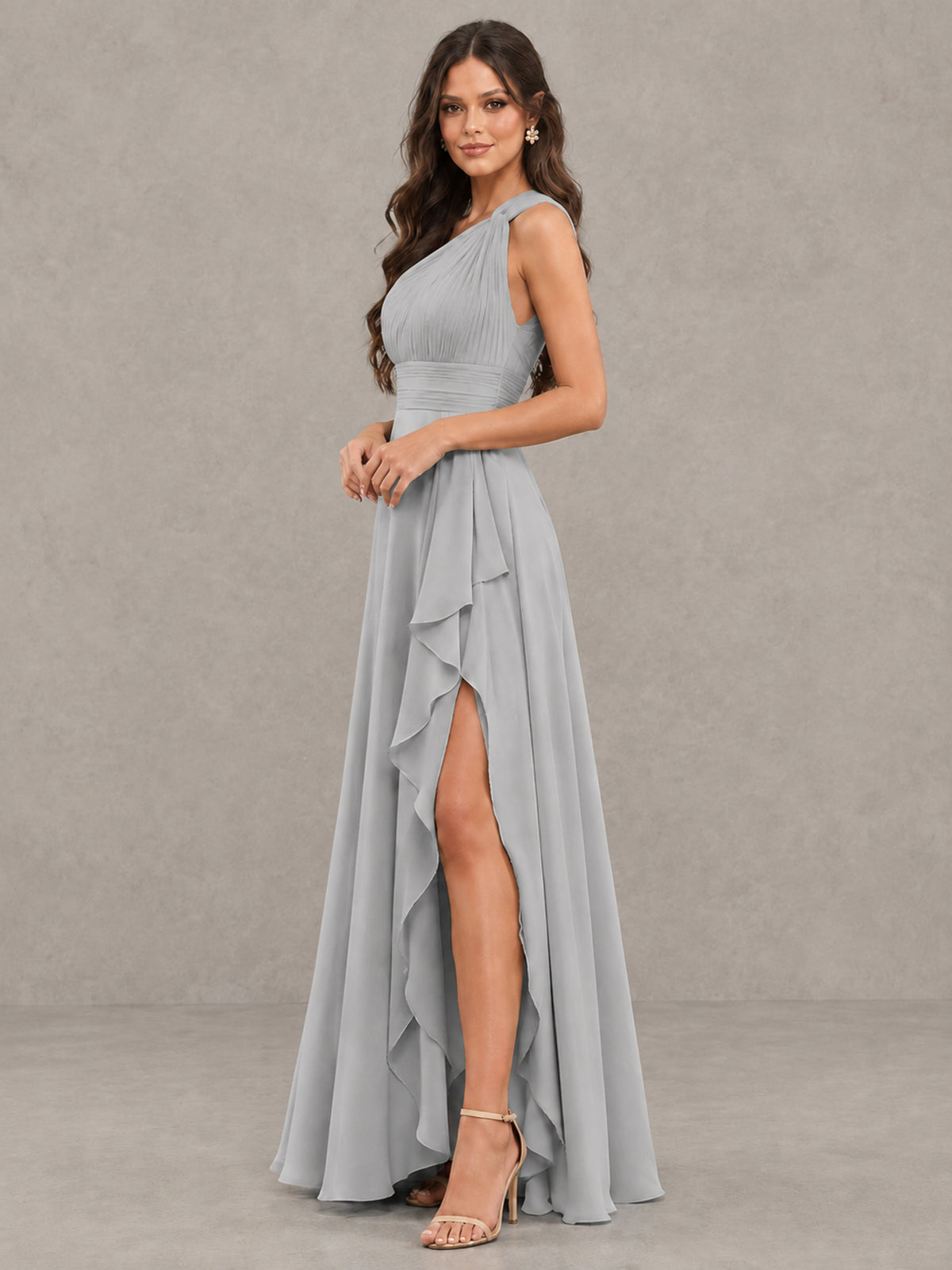 BOLODOO Silver One-Shoulder Ruffle Bridesmaid Dress with Slit - Silver - Silver (3)