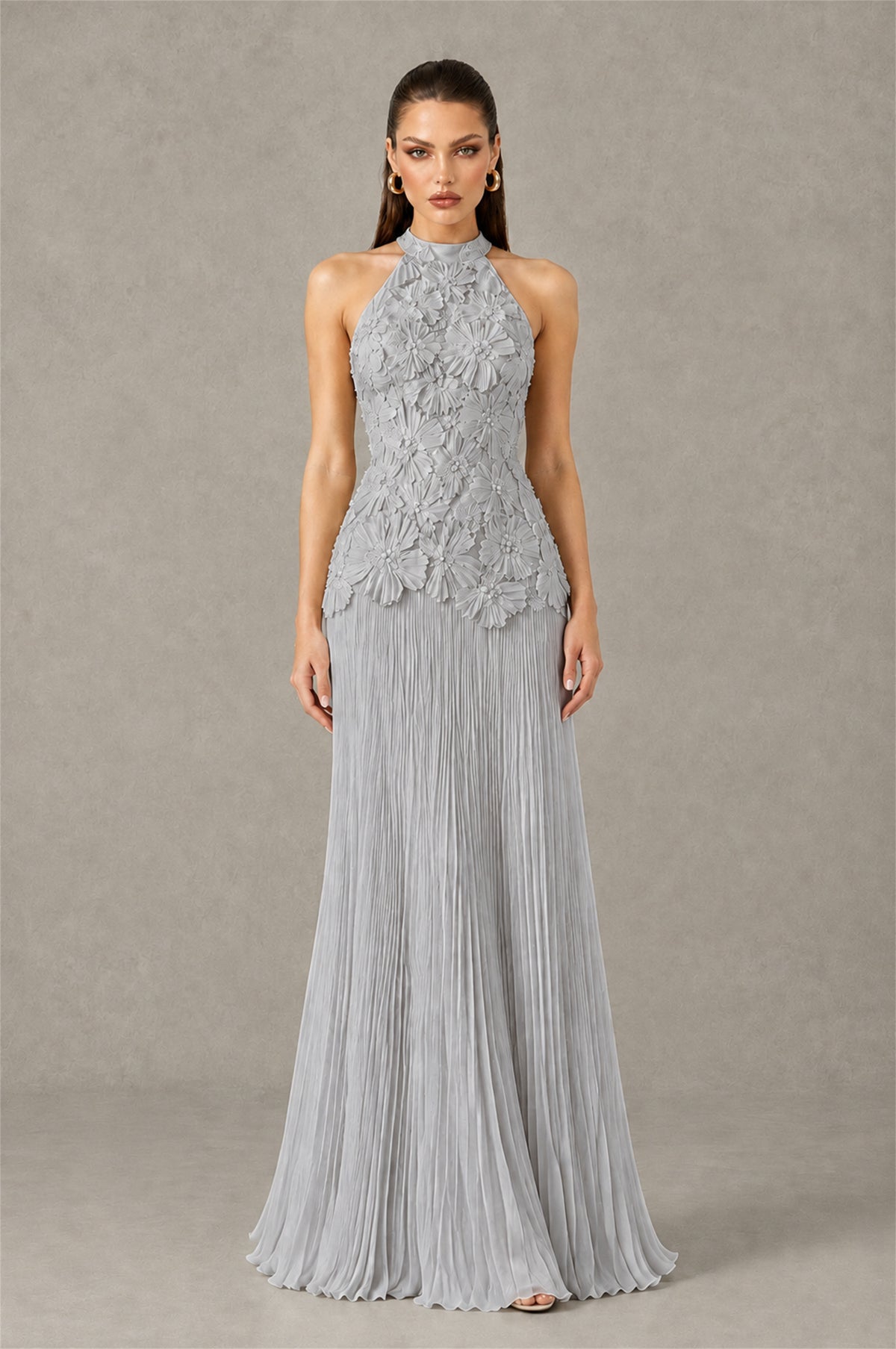 BOLODOO Silver 3D Floral Applique Halter Neck Open Back Pleated Maxi Dress - Silver