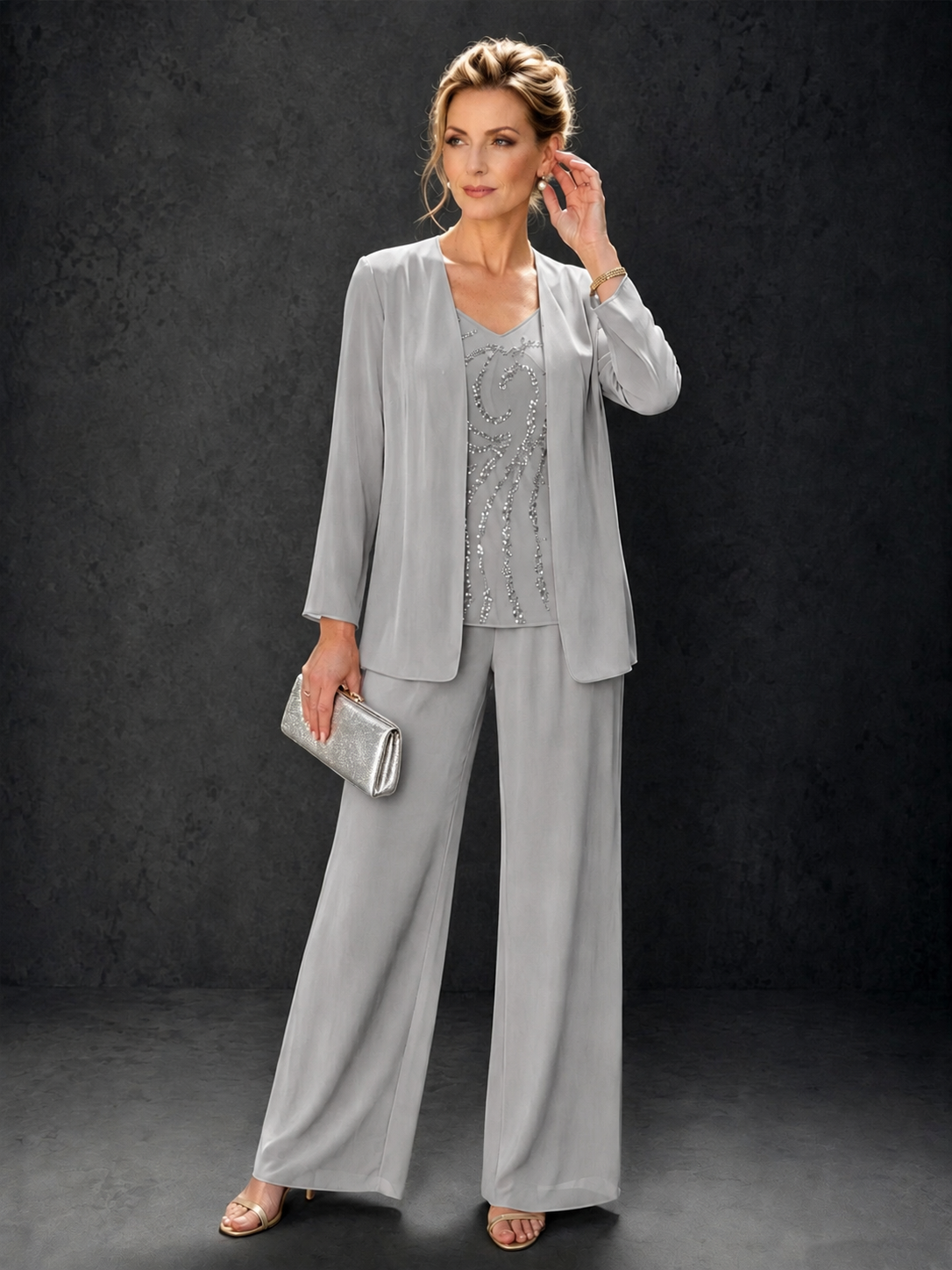 BOLODOO Silver 3-Piece Mother of the Bride Pant Suit with Beaded Top & Chiffon Jacket - Silver