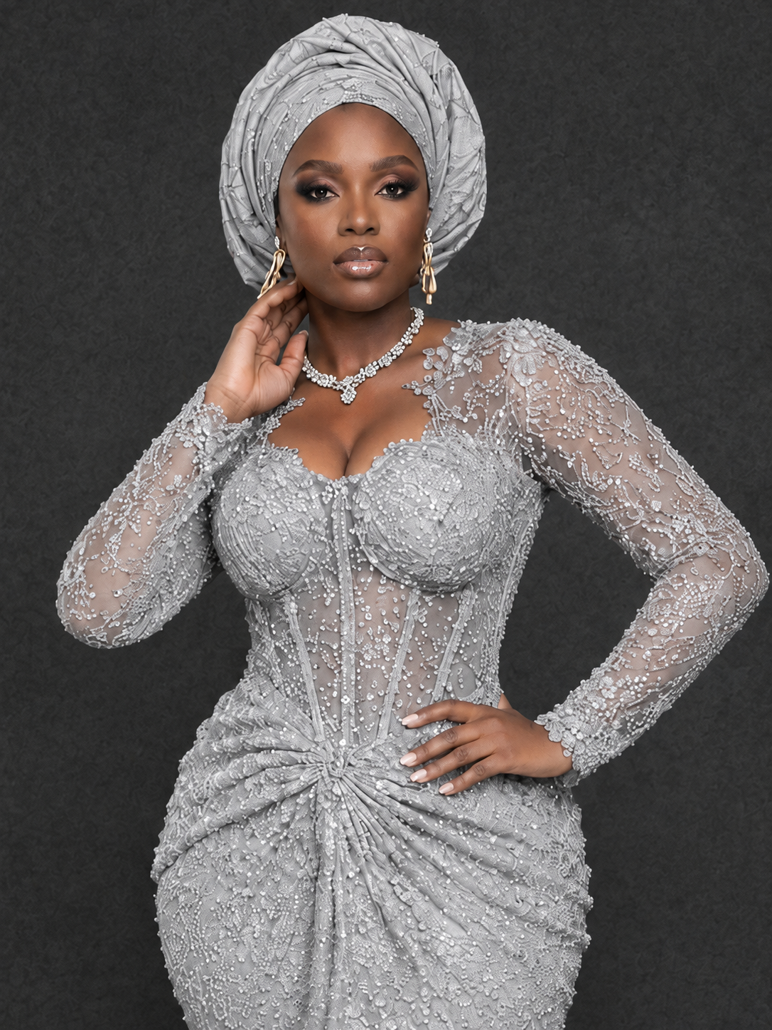 BOLODOO Silver Beaded Lace Long Sleeve Mermaid Gown Sweetheart | Mother of the Bride - Silver