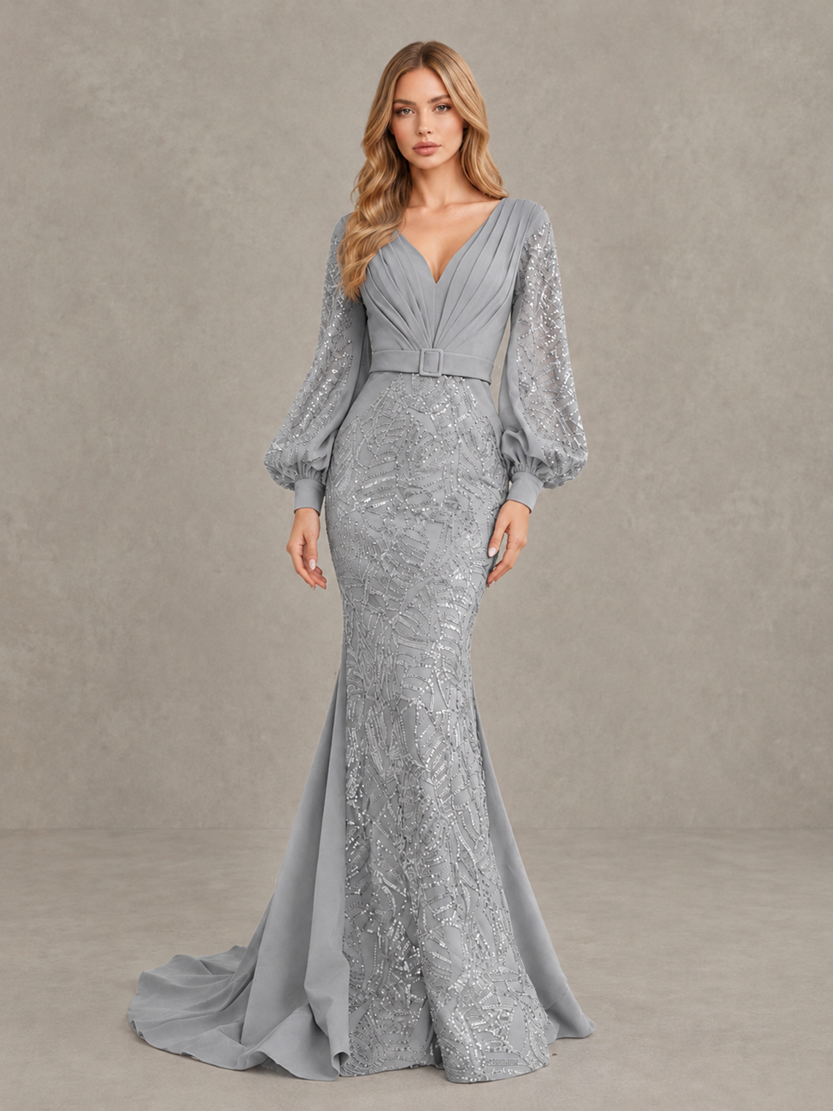 BOLODOO Silver Sequin Long Bishop Sleeve Mermaid Evening Dress - Silver - Silver (4)